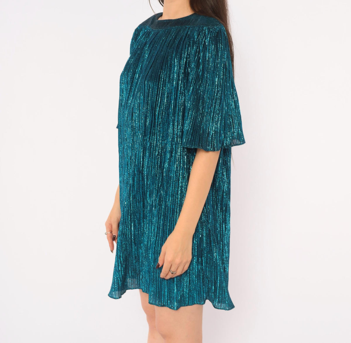 80s Risa Ann Teal Metallic Party Dress Plisse Pleated Flutter Sleeve Large