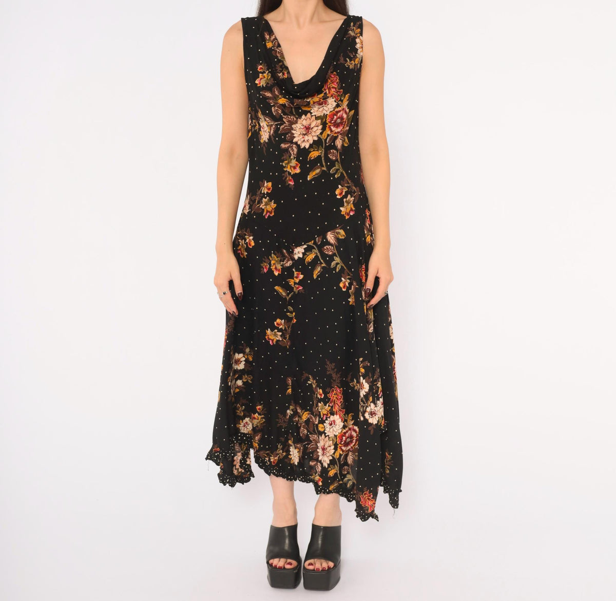 90s Black Floral Midi Dress Cowl Neck Handkerchief Hem Medium M