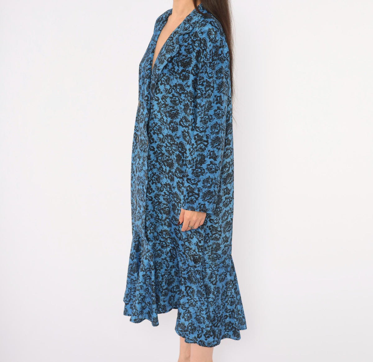 80s Très Paquette Blue Floral Midi Dress Double Breasted V Neck Extra Large