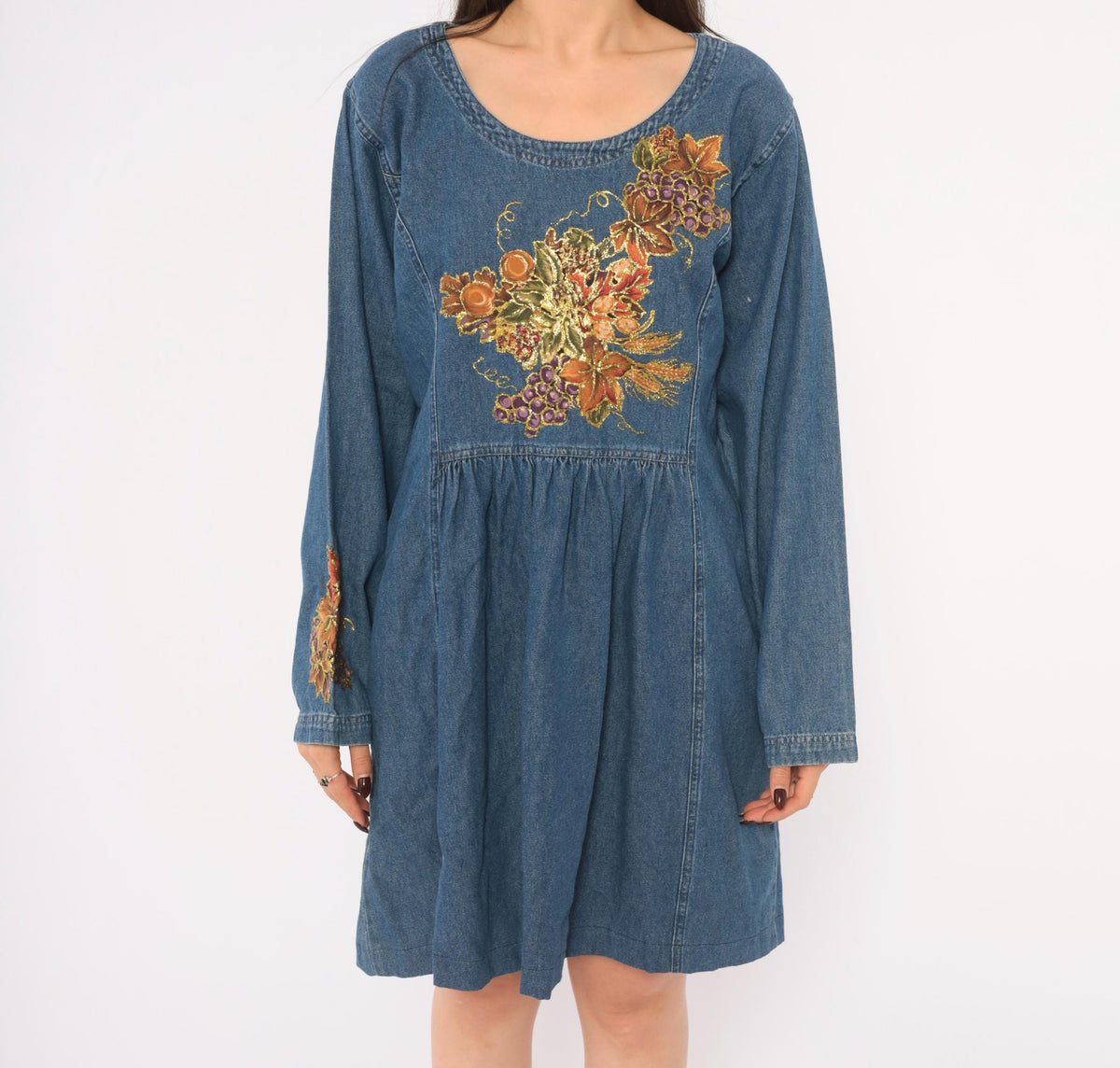 80s Sun Belt Denim Dress Hand Painted Grapes Gold Glitter Blue Cotton Large