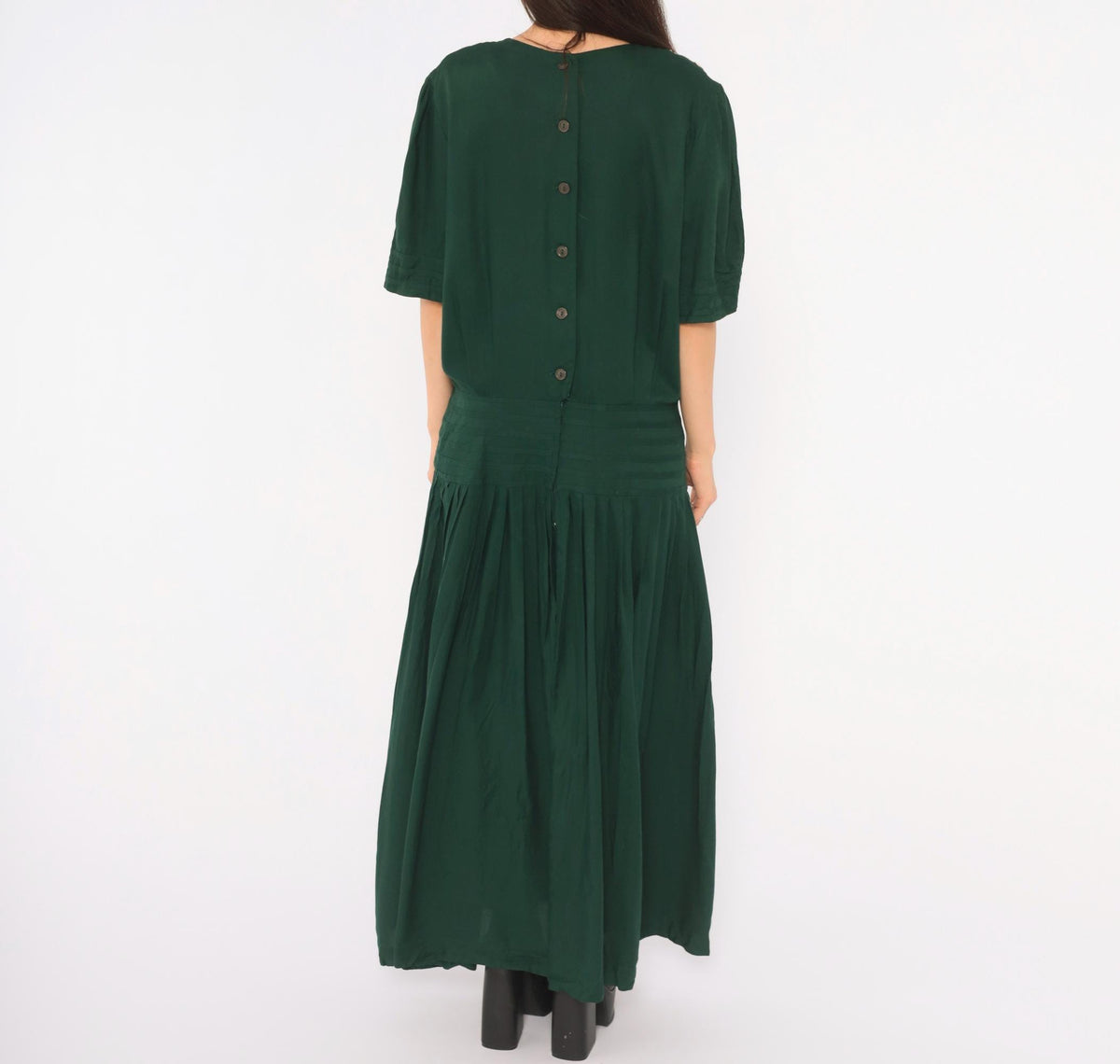 90s Plaza South Forest Green Maxi Dress Embroidered Floral Drop Waist Extra Large