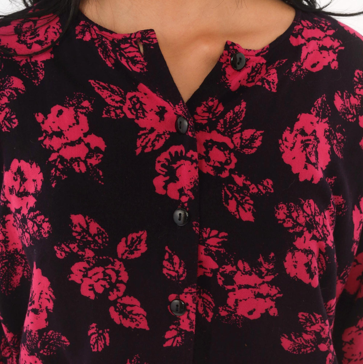 90s Joni Blair Floral Jumpsuit Black Pink Rose Button Front Dolman Medium