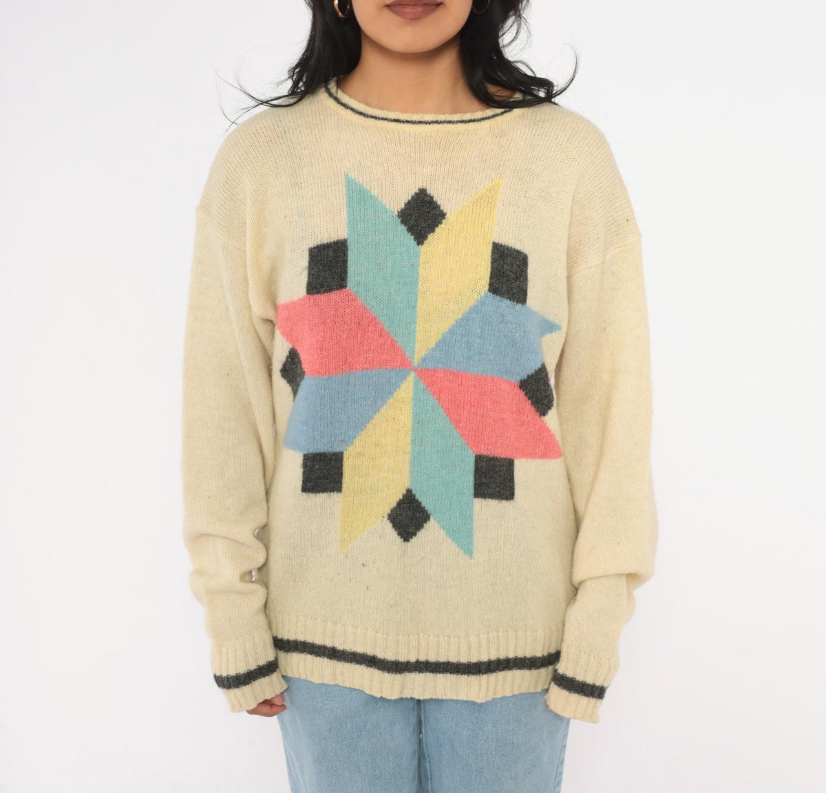 80s Cream Wool Sweater Geometric Star Pattern Knit Pink Blue Yellow Large L