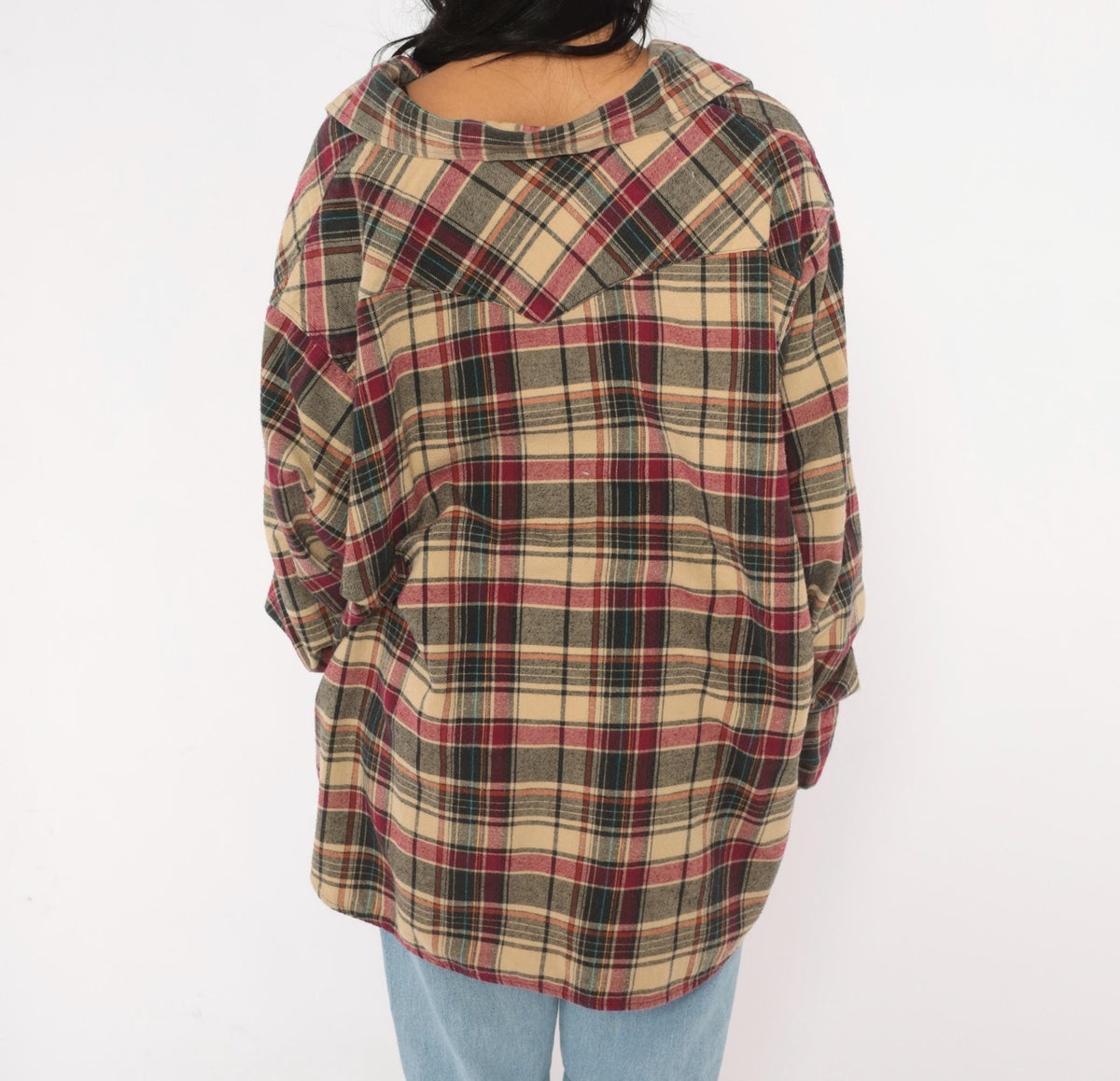 90s Plaid Flannel Shirt Tan Burgundy Pearl Snap Western Yoke Extra Large XXL