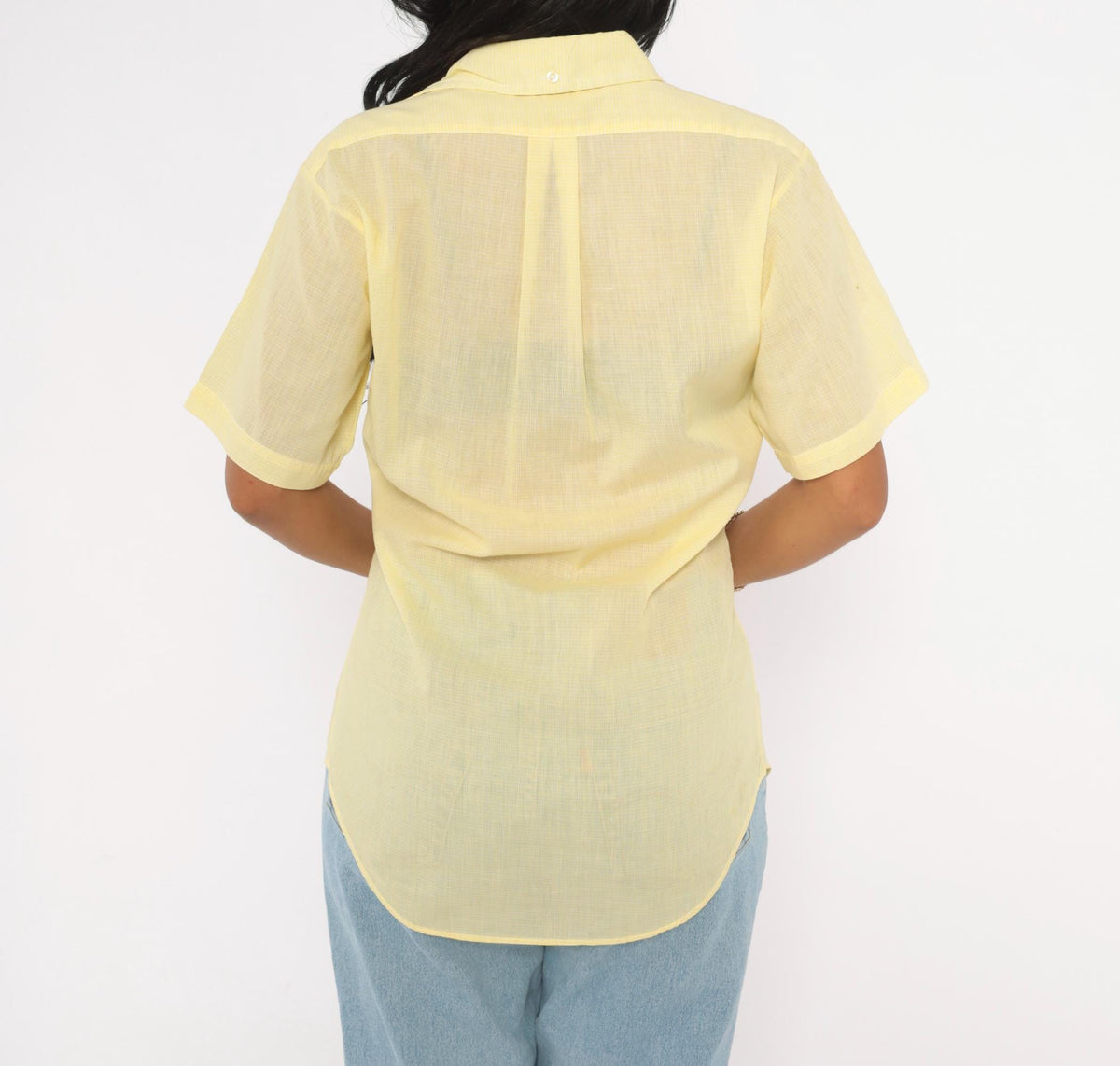 70s Yellow Cotton Button Up Shirt Short Sleeve Pointed Collar Chest Pocket Extra Small XS