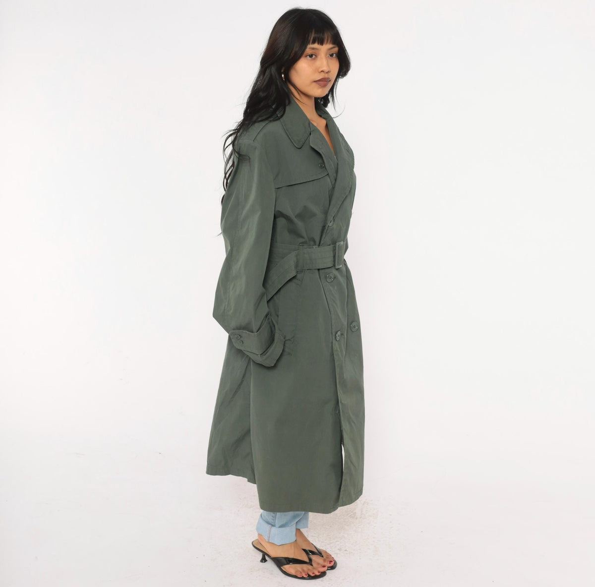 90s Military Trench Coat Grey Olive Double Breasted Long Jacket Medium