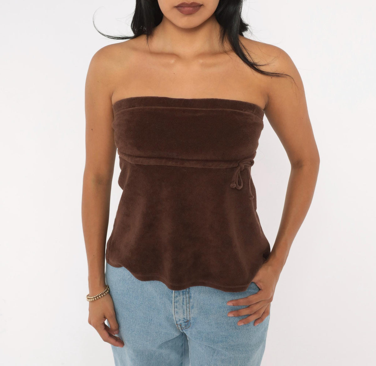 Y2K Brown Terry Tube Top Strapless Drawstring Tie Waist Small