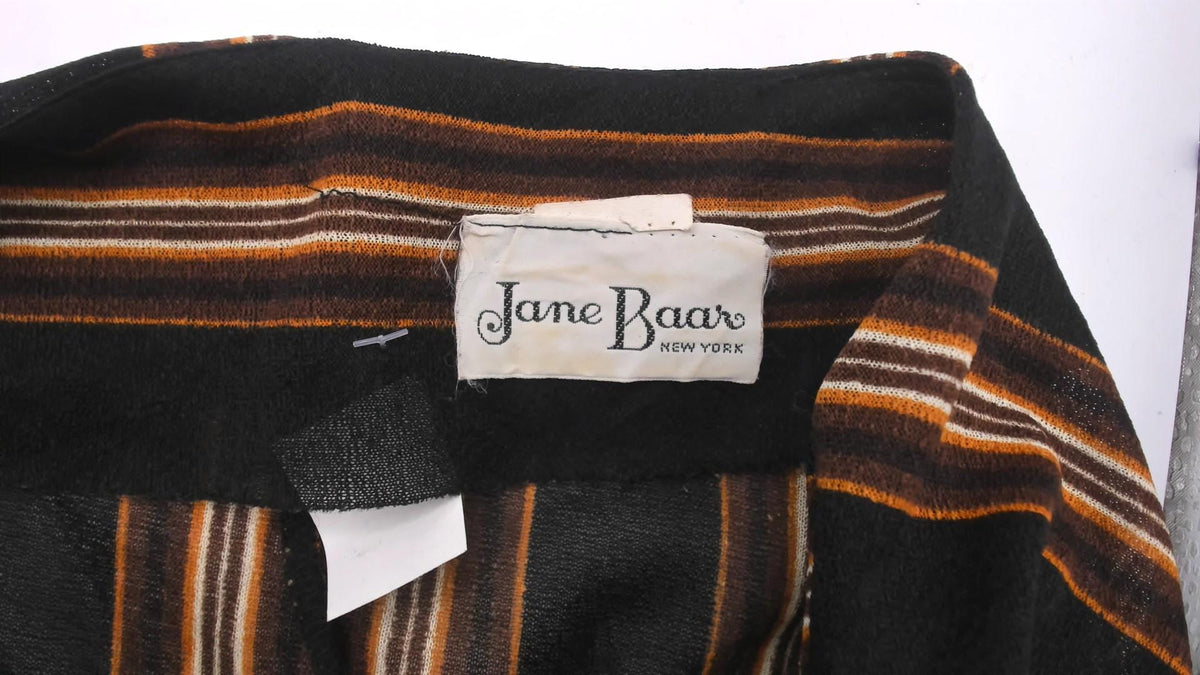 80s Jane Baar Striped Dress Puff Sleeve Gold Ribbon Trim Knee Length Small