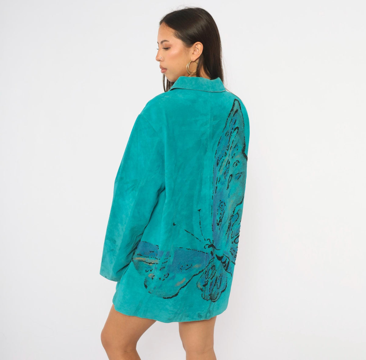 90s Chicos Turquoise Suede Jacket Beaded Butterfly Painted Back Large L