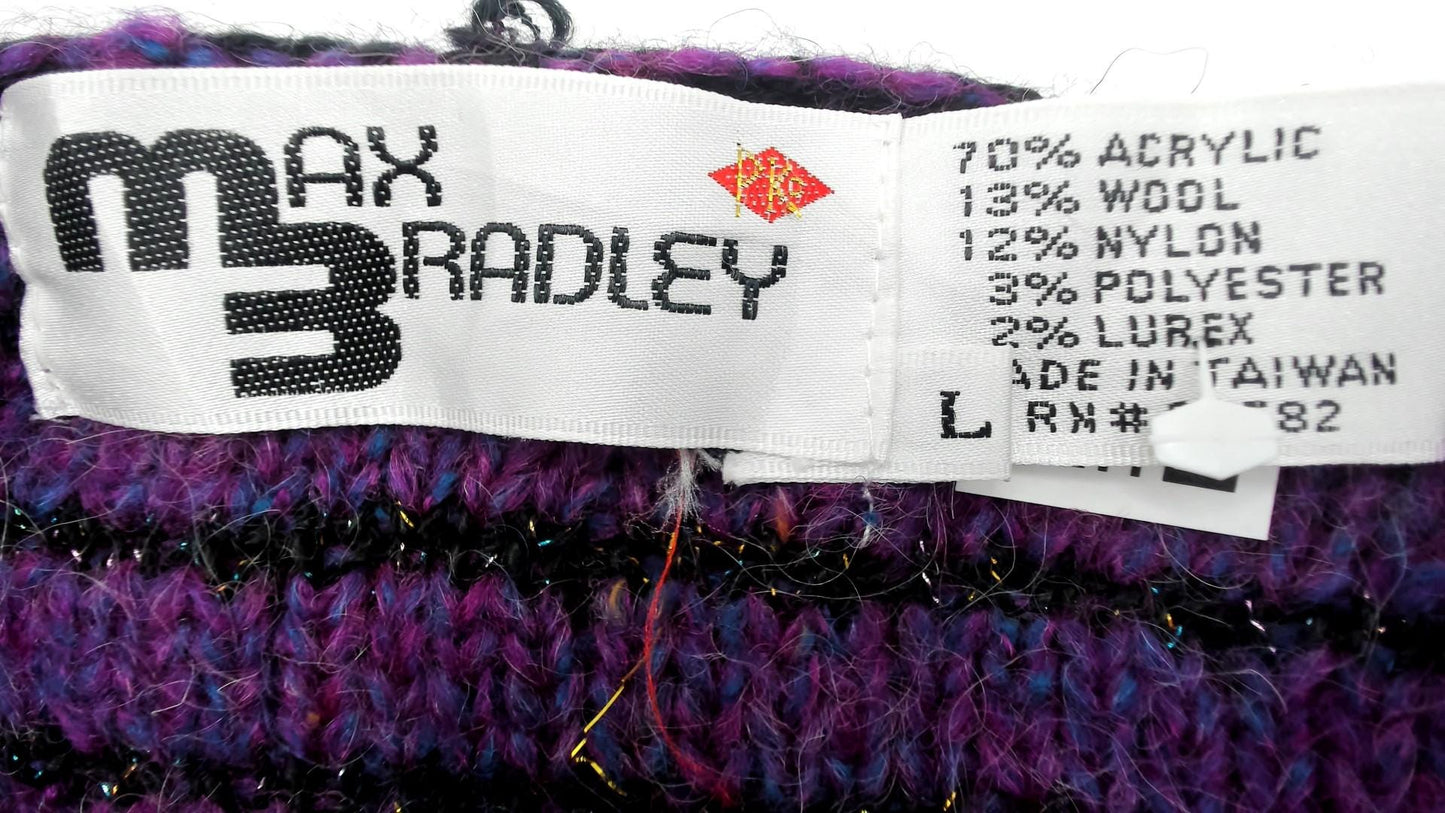 90s Max Bradley Purple Black Deep V Sweater Metallic Knit Large L