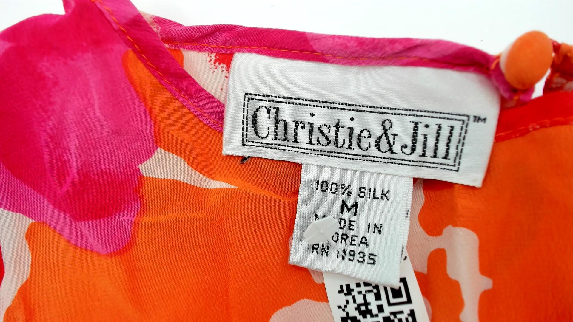 Y2K Christie and Jill Silk Blouse Floral Orange Pink Short Sleeve Medium M