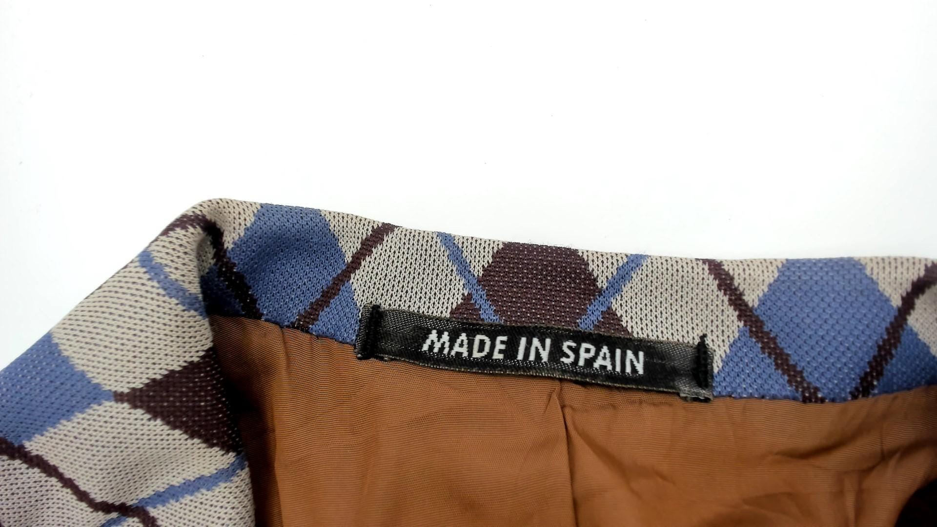 70s Hispacor Argyle Blazer Blue Brown Beige Diamond Pattern Medium