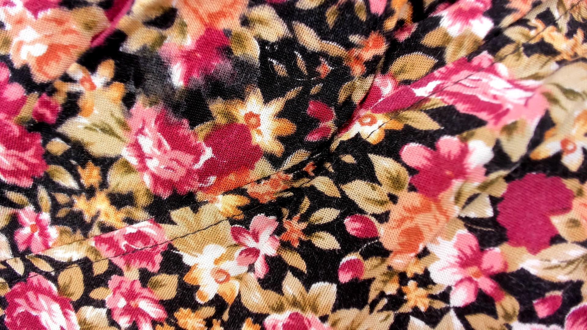 90s Floral Midi Dress Sweetheart Neckline Lace Trim Black Pink Small S