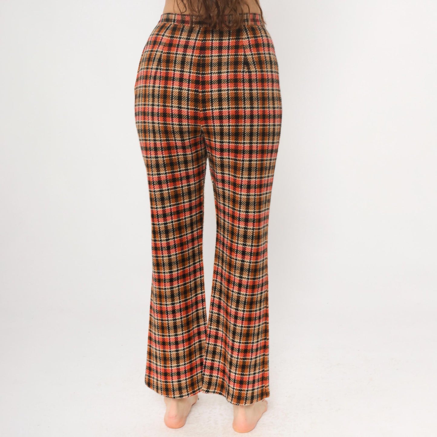 70s Plaid Wide Leg Trousers High Waisted Orange Brown Black Houndstooth Small