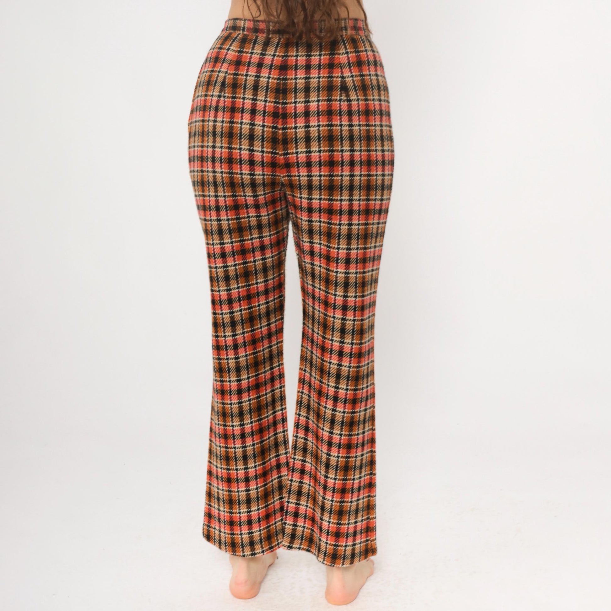 70s Plaid Wide Leg Trousers High Waisted Orange Brown Black Houndstooth Small