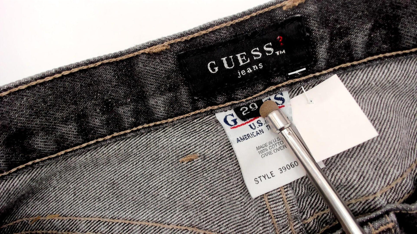 90s Guess Black Straight Leg Jeans High Waist Denim Yellow Stitching Size 29