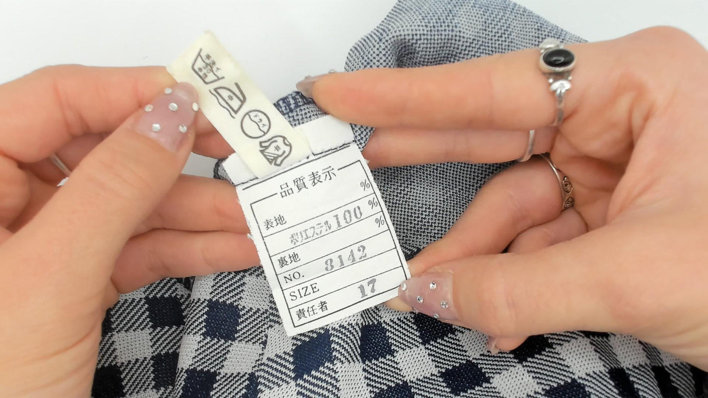 70s Blue White Gingham Check Dress Collared A-Line Long Sleeve Medium