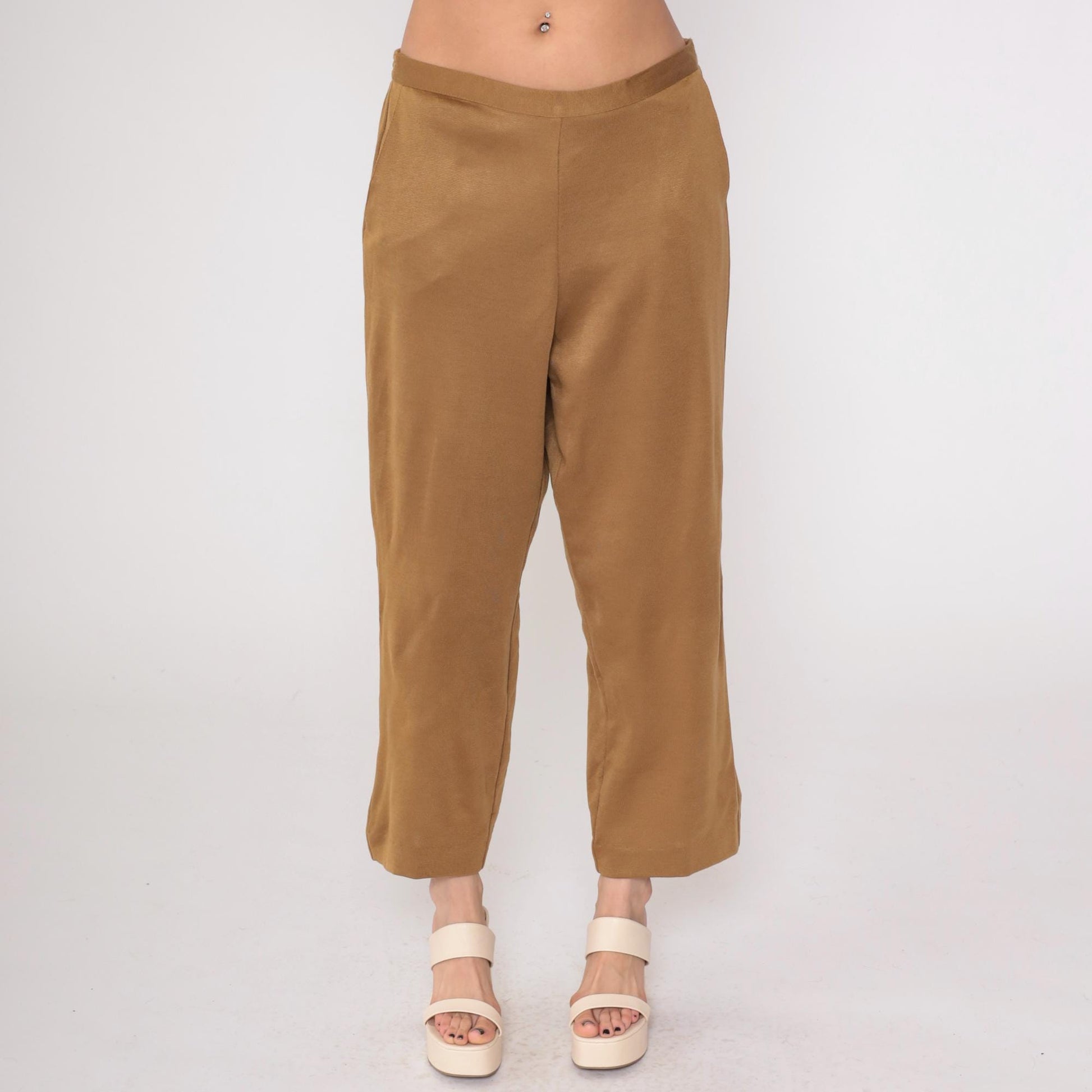 90s Alfred Dunner Tan Knit Pants Elastic Waist Cropped Ankle Large