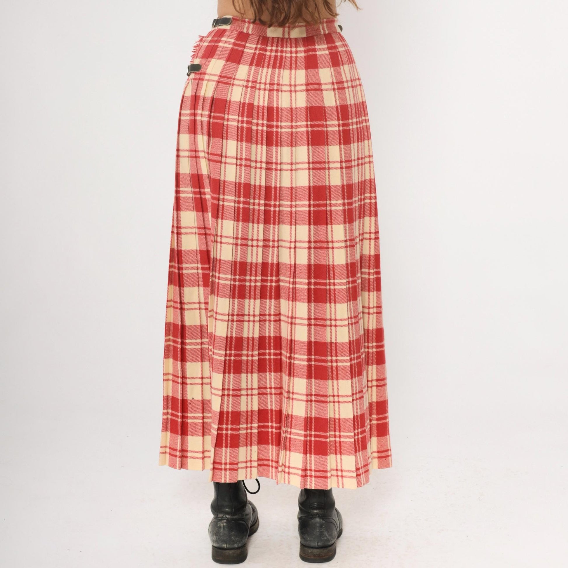 70s Laird Portch Tartan Wool Kilt Skirt Red Cream Pleated Wrap Small Medium