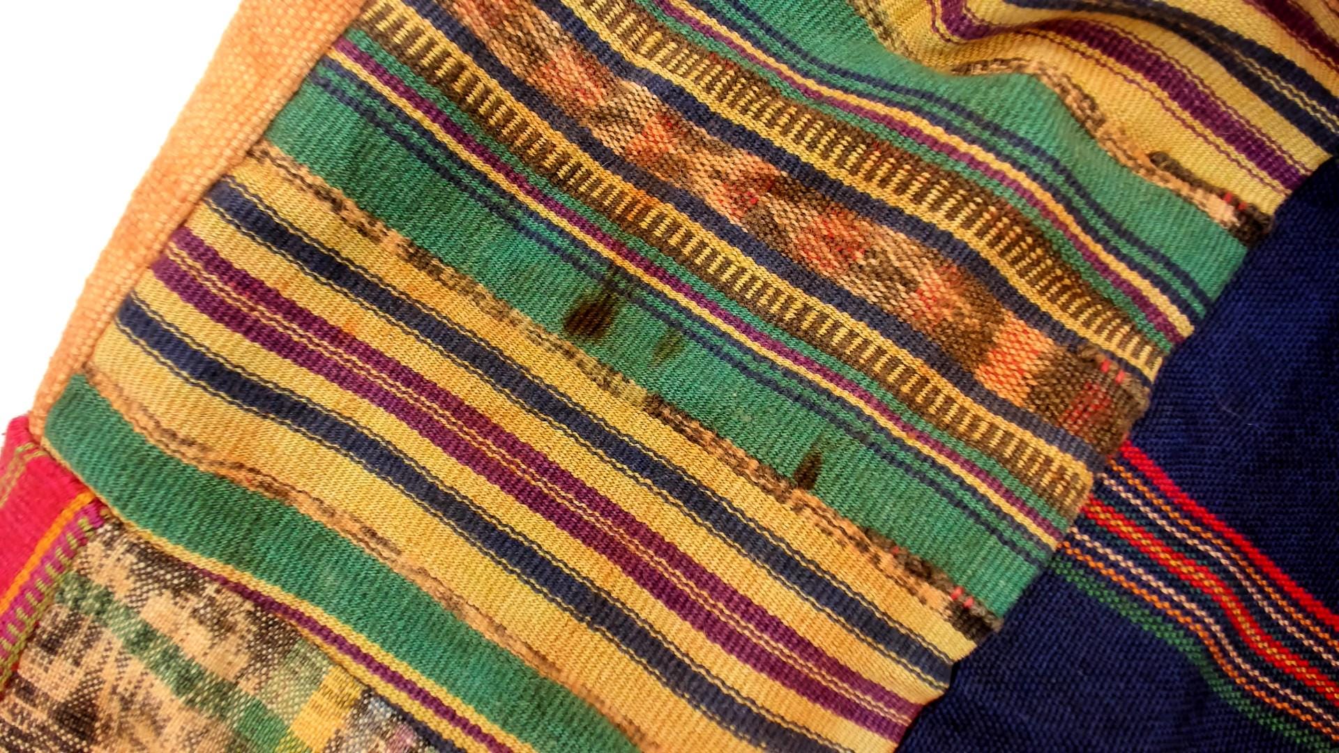90s Patchwork A-Line Skirt Multicolor Ethnic Striped Cotton Ankle Length Medium