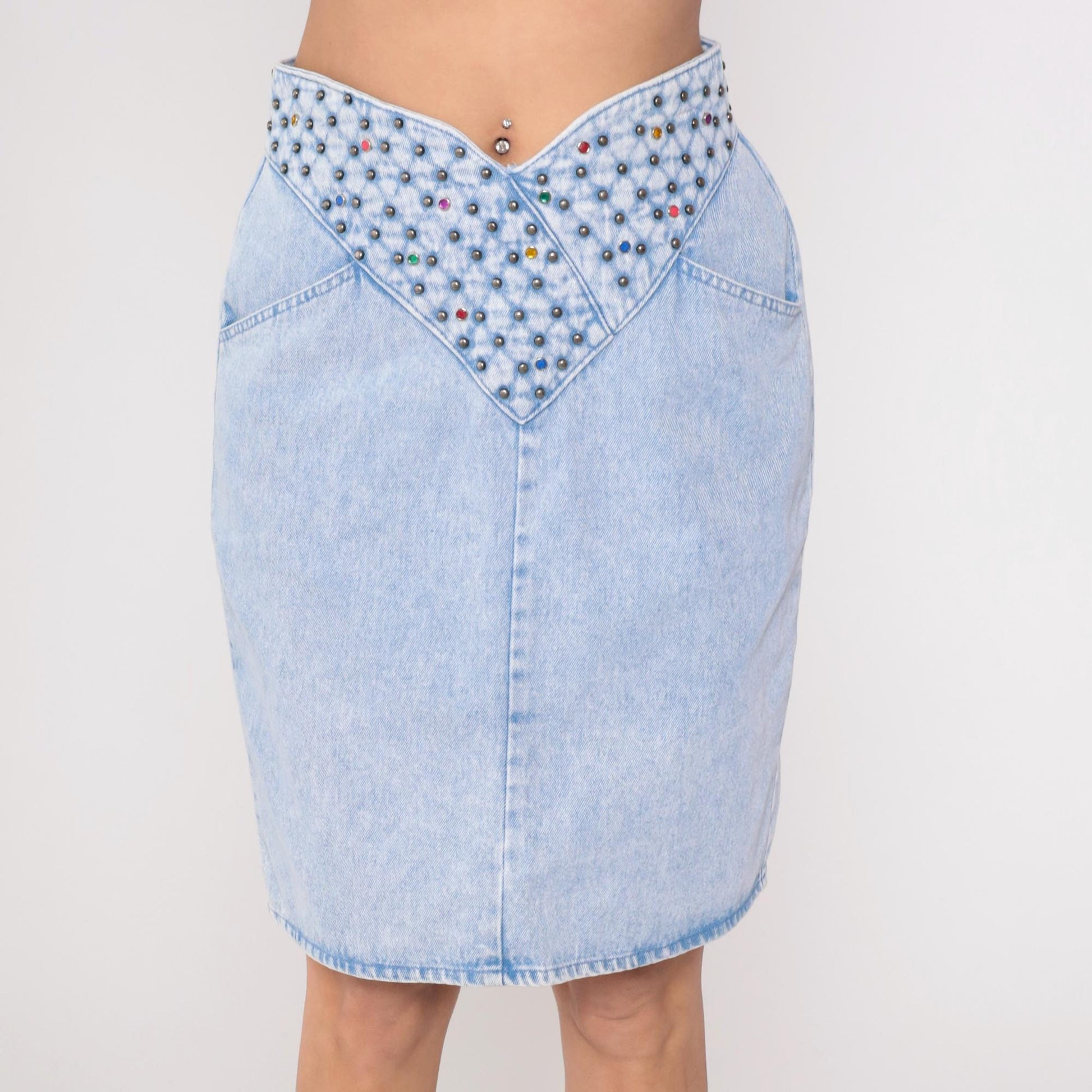 90s Opal Light Blue Studded Denim Mini Skirt Rhinestone High Waist Medium