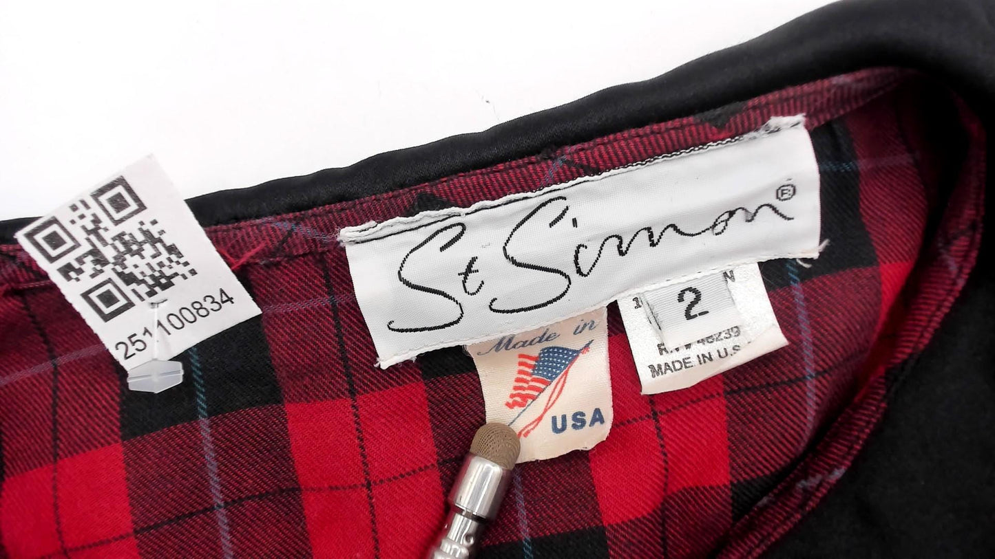 90s St Simon Red Black Plaid Midi Dress Peter Pan Collar Small S