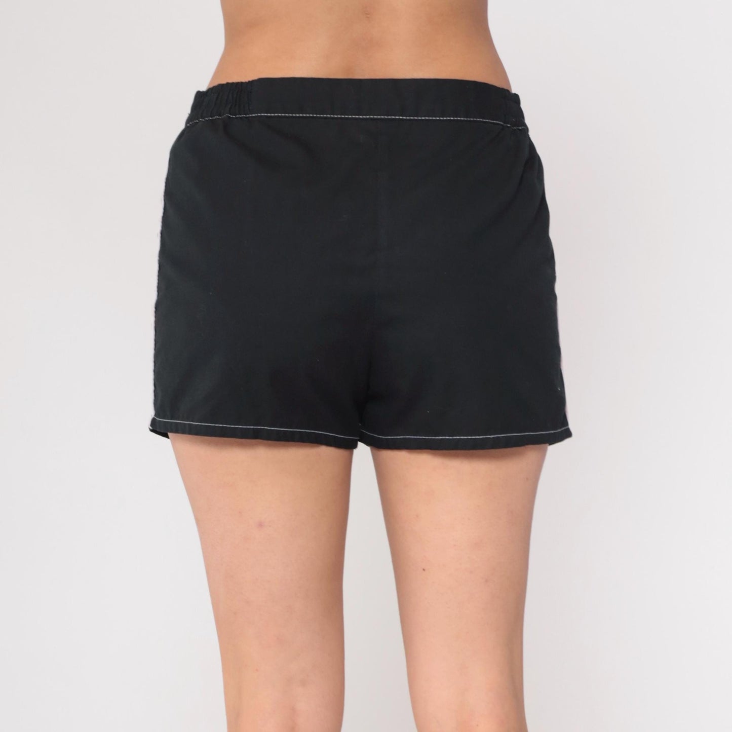 70s Catalina Black Swim Shorts White Contrast Stitching Elastic Waist Large