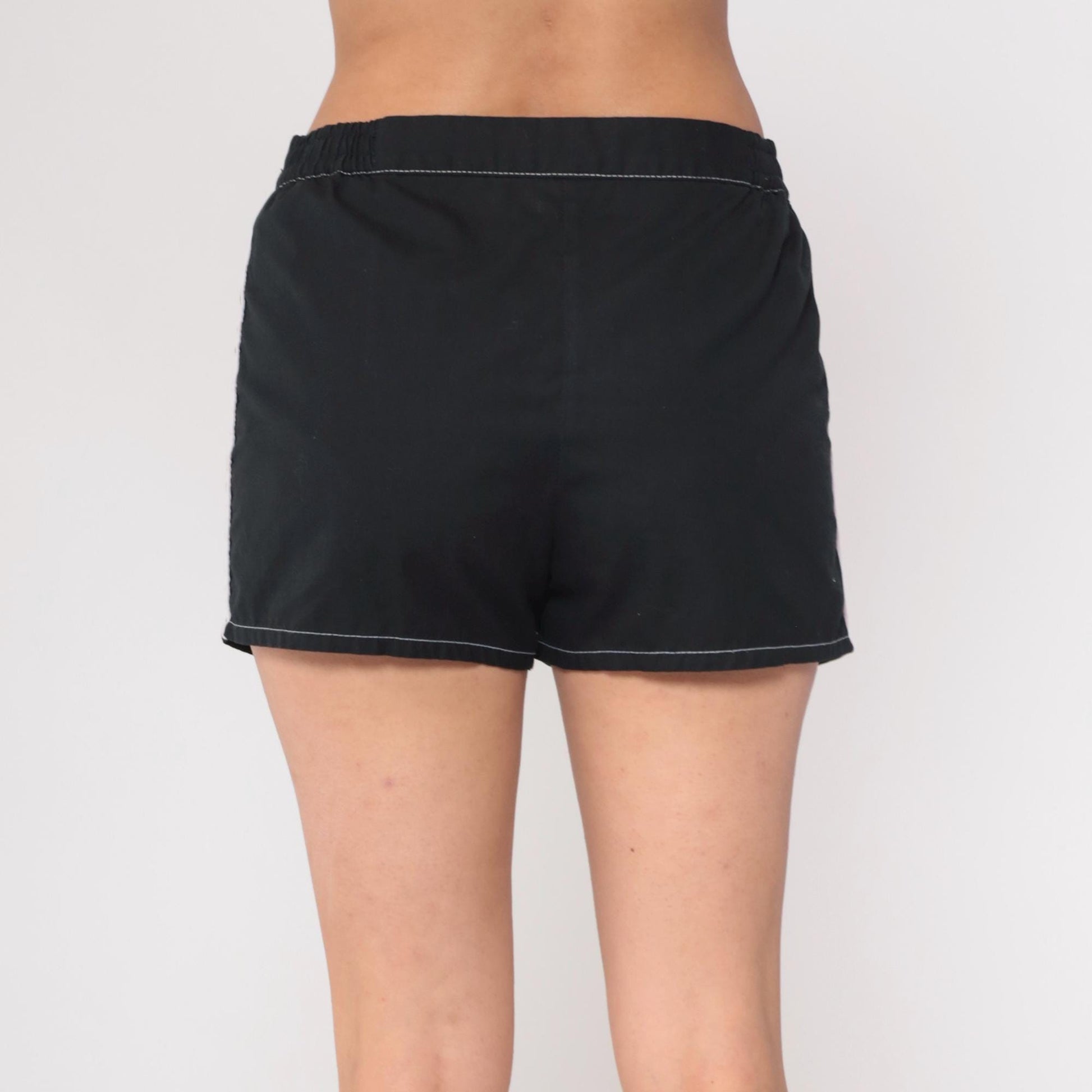 70s Catalina Black Swim Shorts White Contrast Stitching Elastic Waist Large