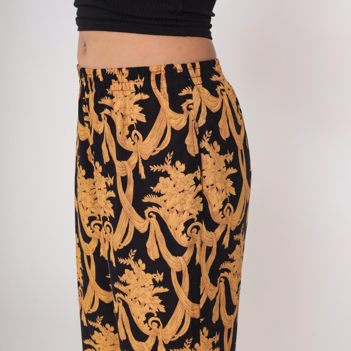 90s Judy Knapp Black Gold Baroque Damask Pants Elastic Waist Medium M