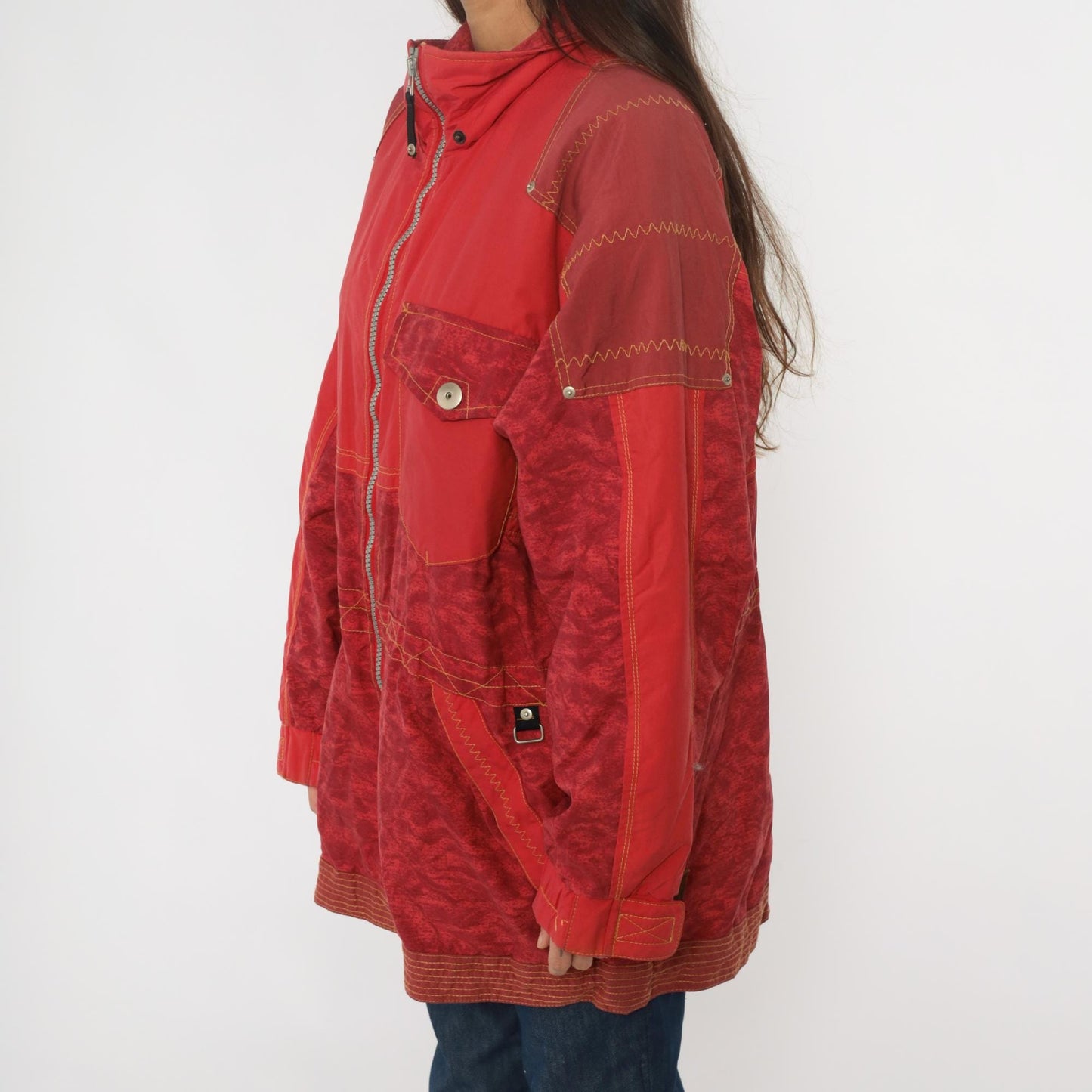 80s Obermeyer Red Nylon Windbreaker Ski Jacket Colour-Block Extra Large XL