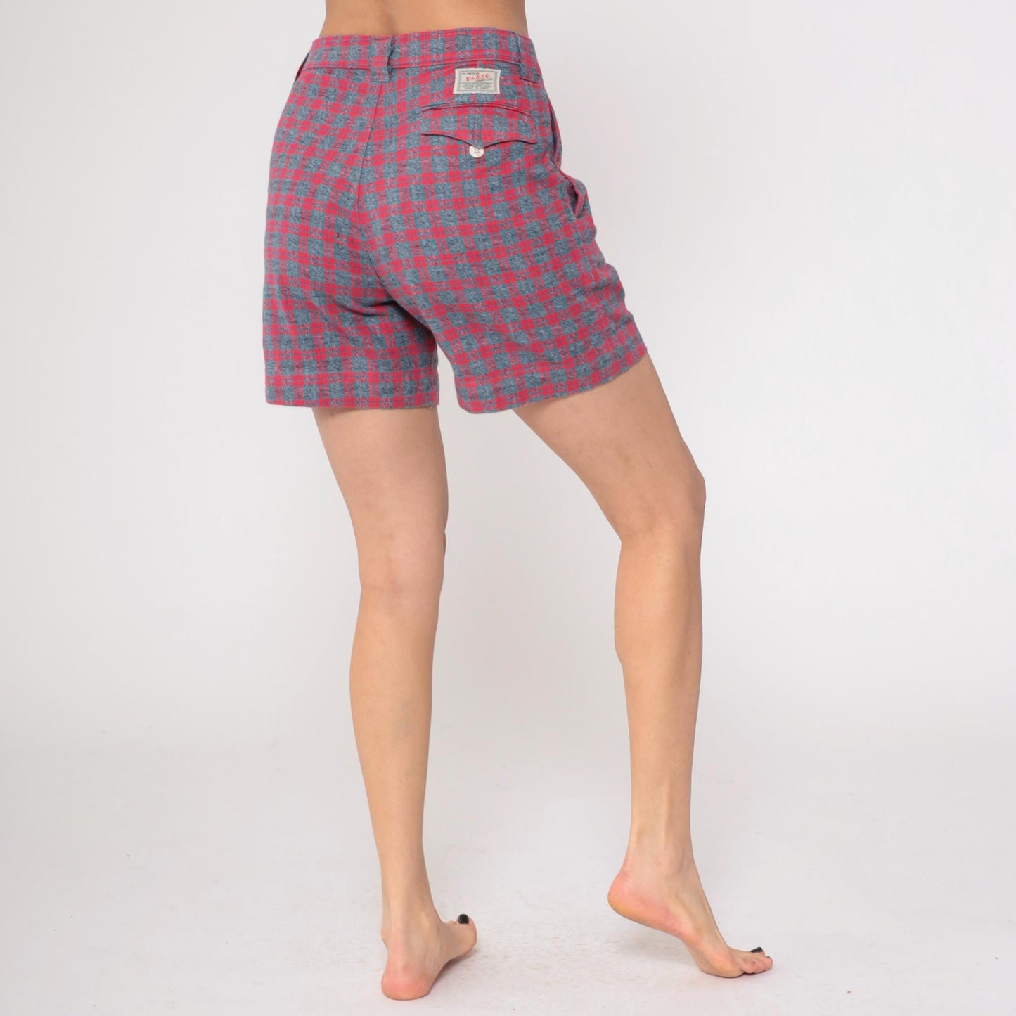 80s Pazzo Plaid High-Waisted Shorts Red Blue Button Front Medium