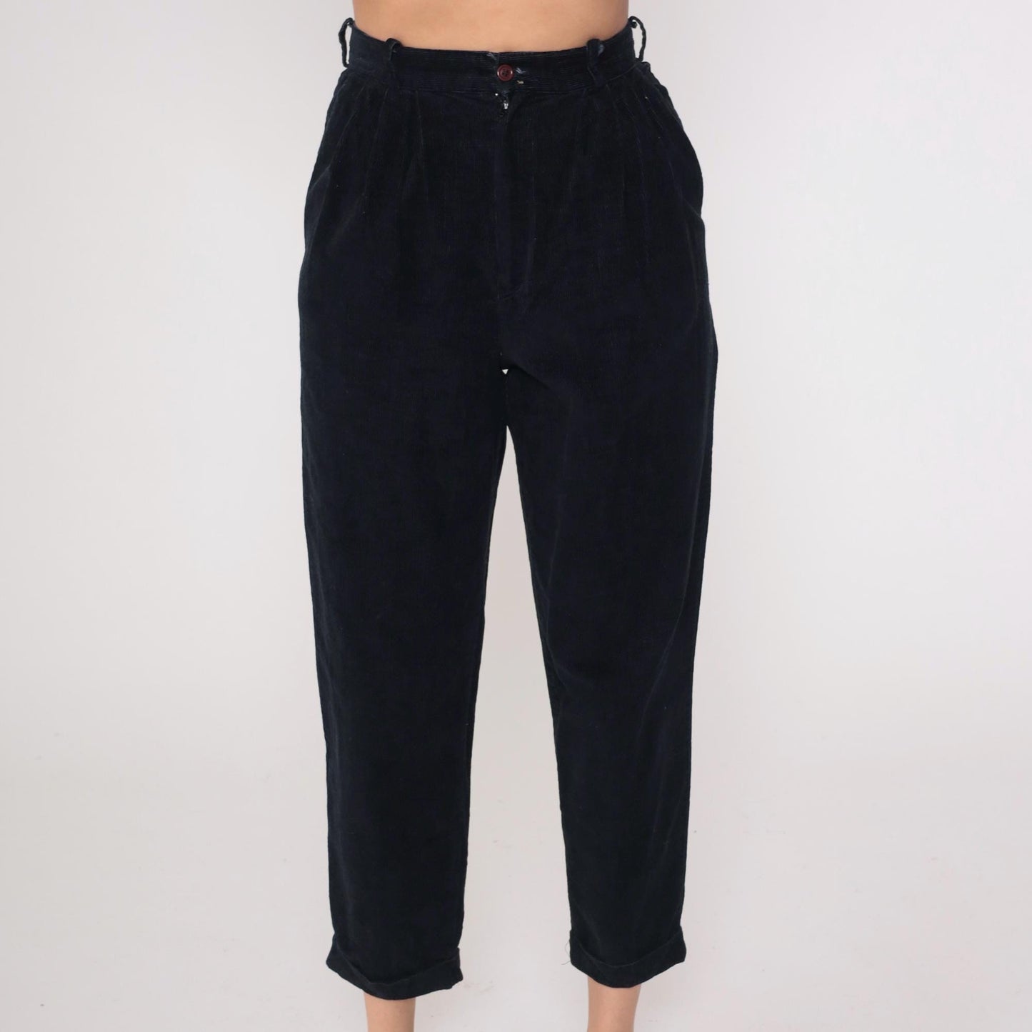 80s Michael Tracy Black Cotton High-Waisted Tapered Pants Small