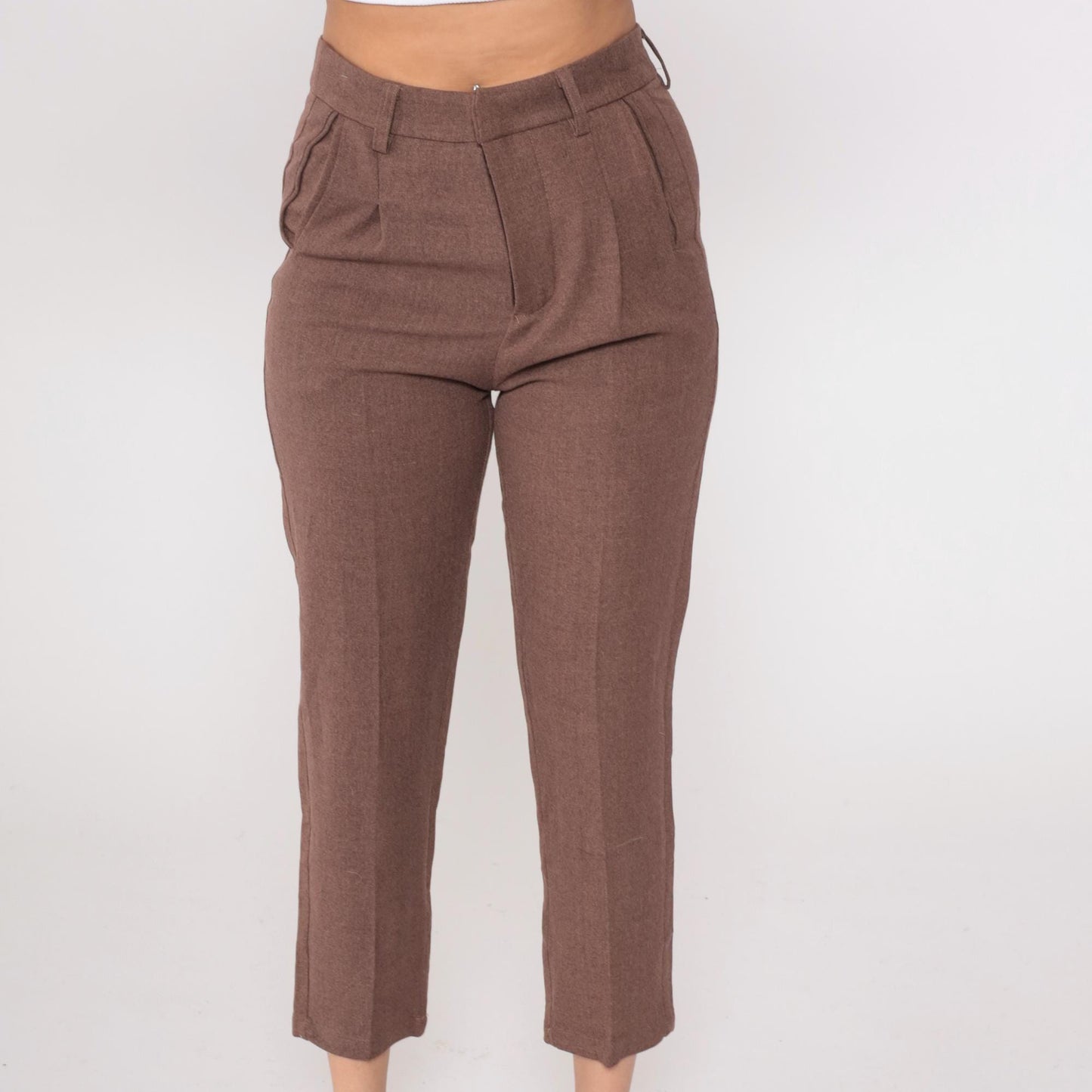 Y2K Brown Pleated Cropped Trousers Straight Leg High Waist Medium M