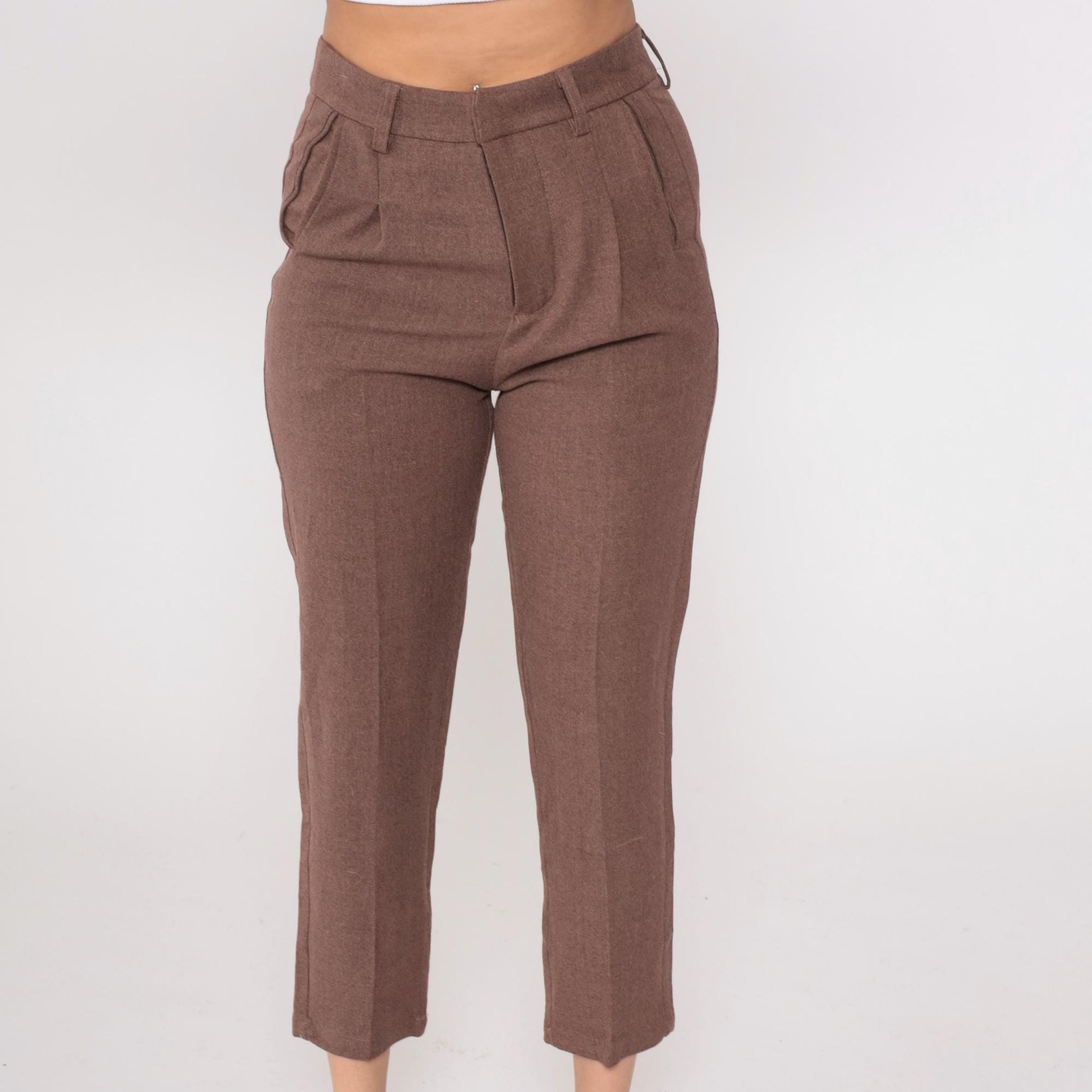 Y2K Brown Pleated Cropped Trousers Straight Leg High Waist Medium M