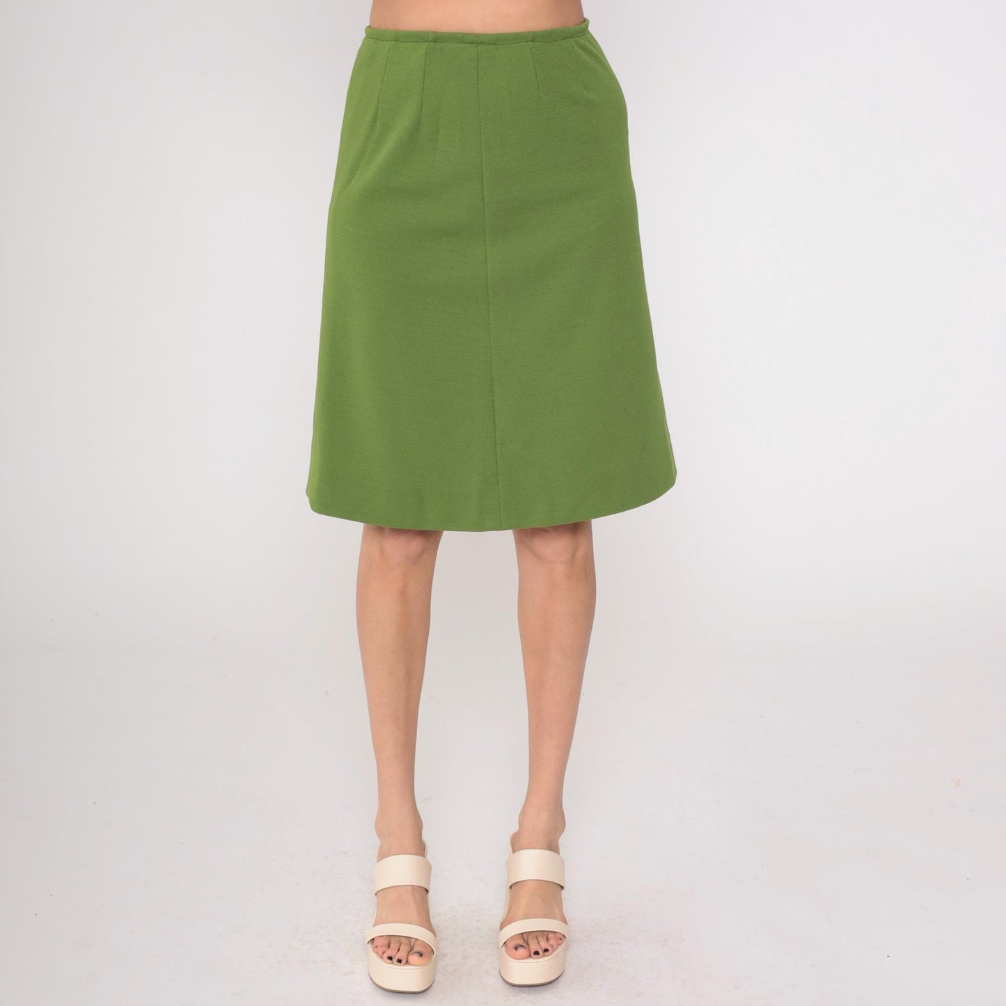70s Olive Green A-Line Skirt Knee Length Back Zip Small S