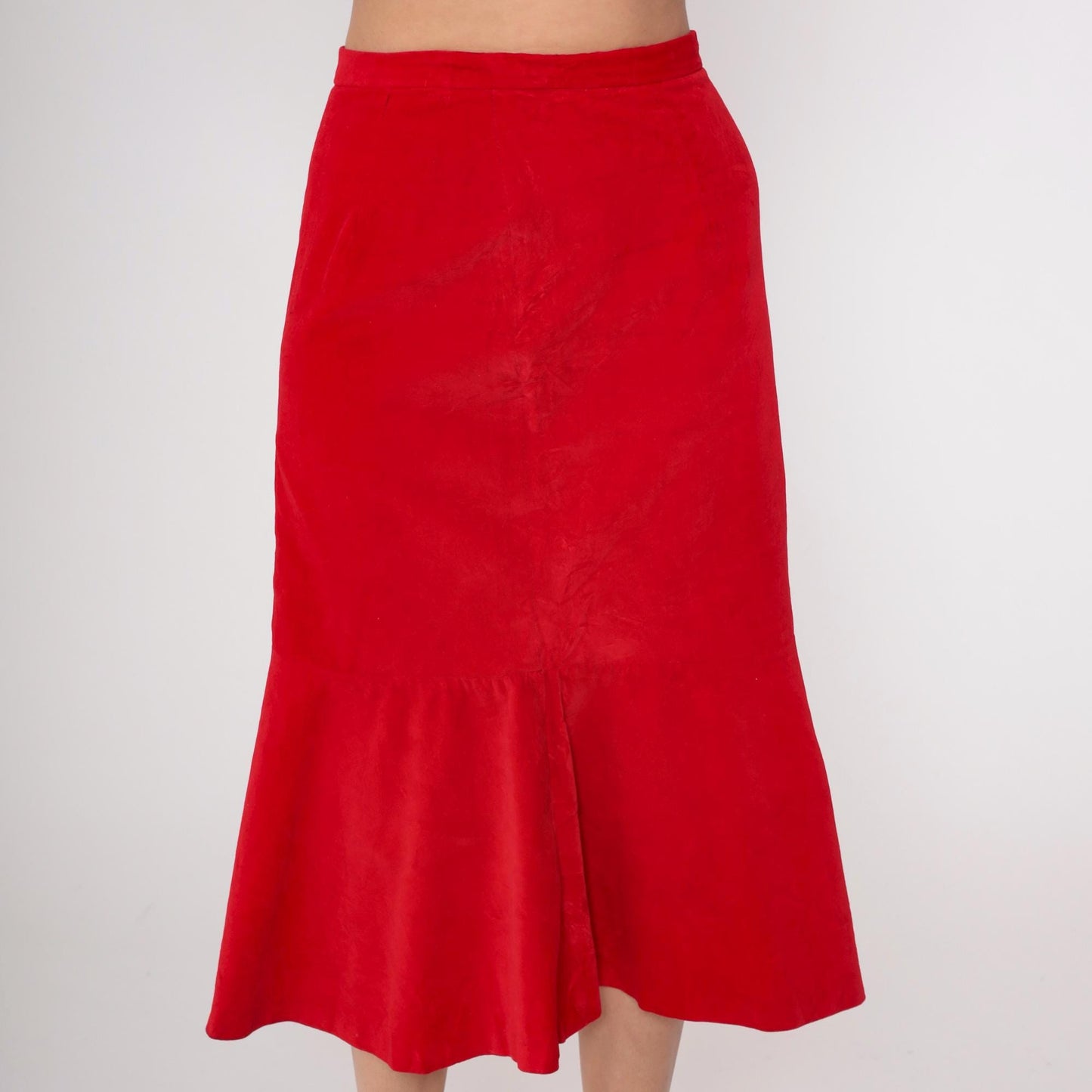 70s Red Velvet Midi Skirt Bucaretti High Waisted Trumpet Flare Small