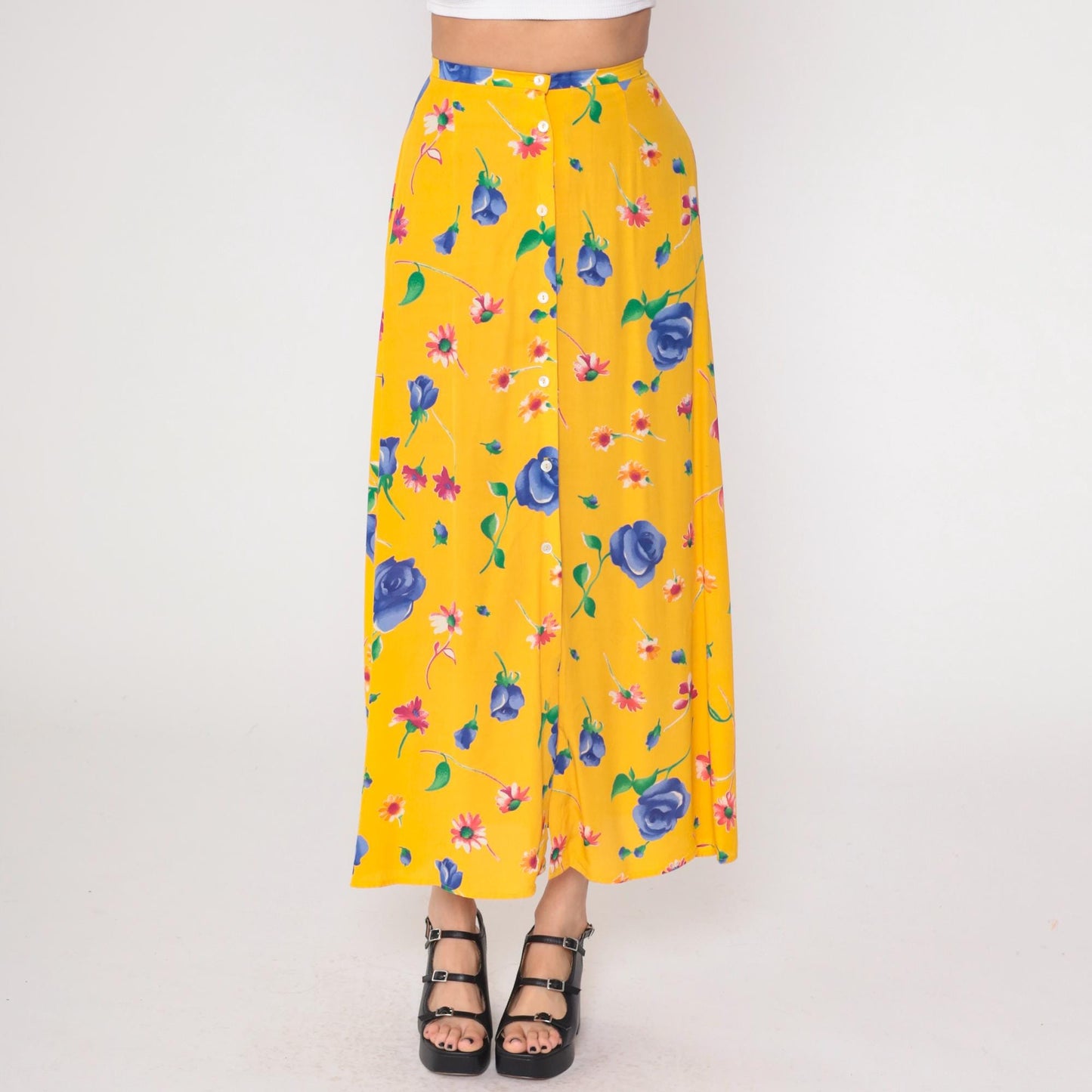 90s Breeches Yellow Floral Maxi Skirt Button Front Small