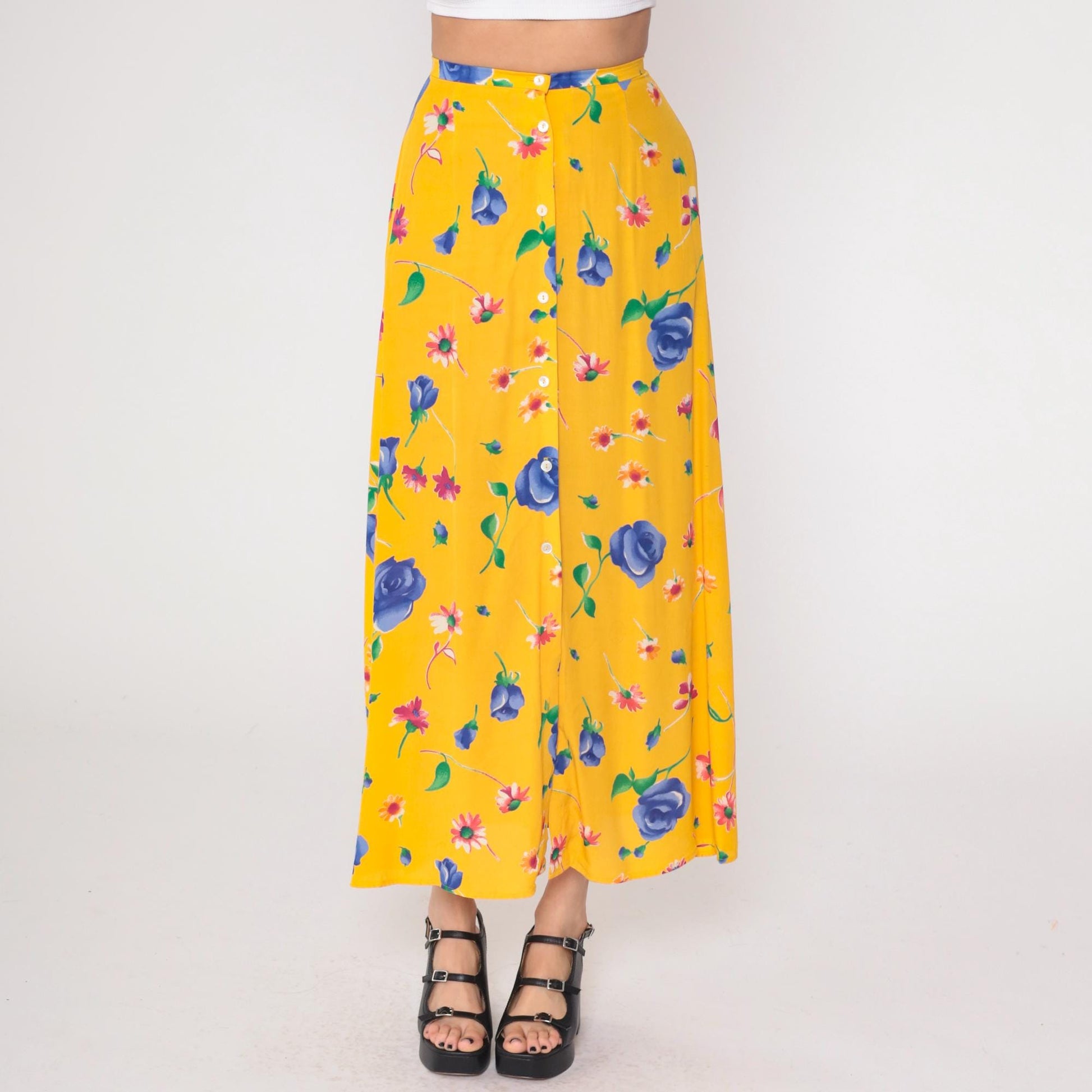 90s Breeches Yellow Floral Maxi Skirt Button Front Small