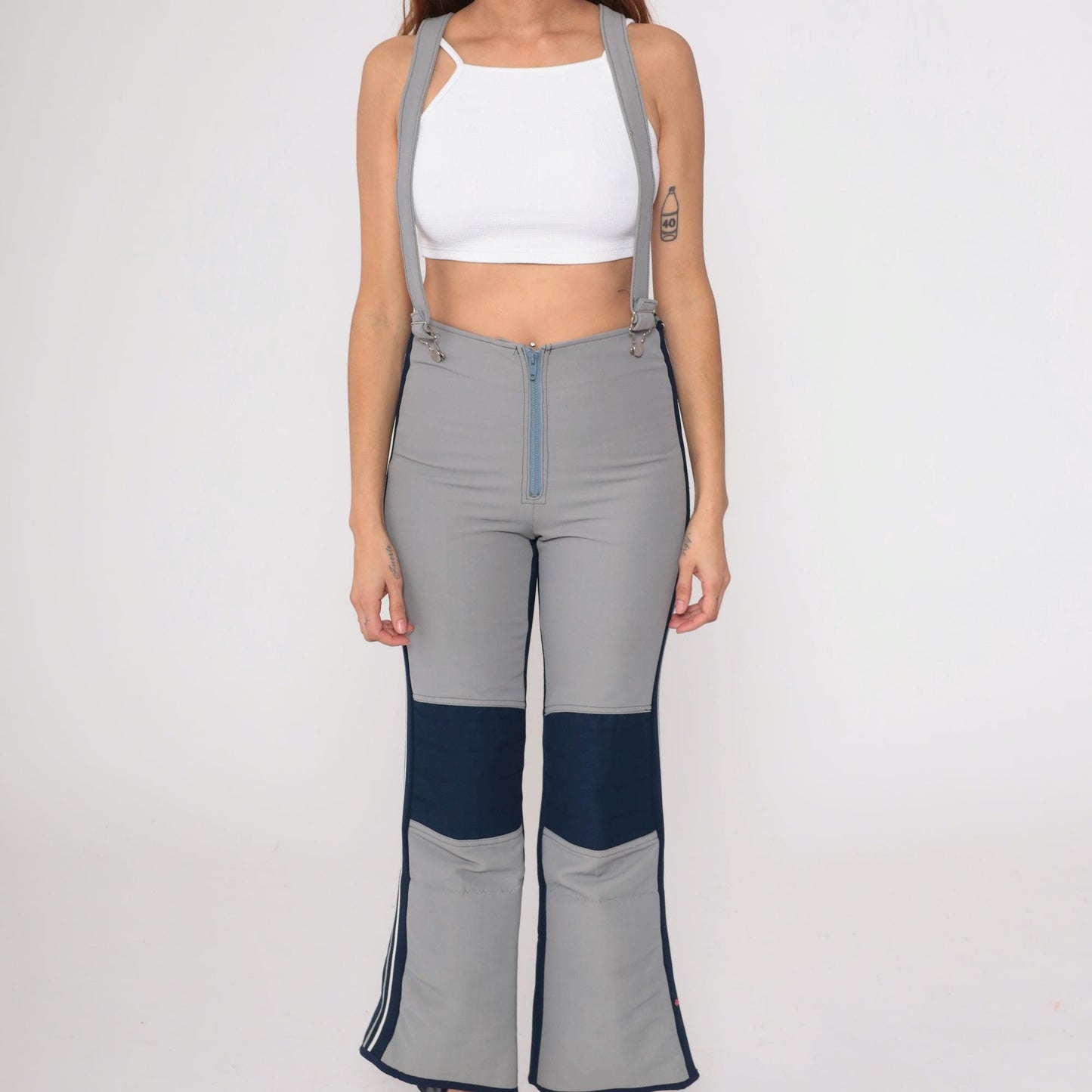 70s Obermeyer Wool Ski Bib Pants Gray Navy Colorblock High Waisted Medium