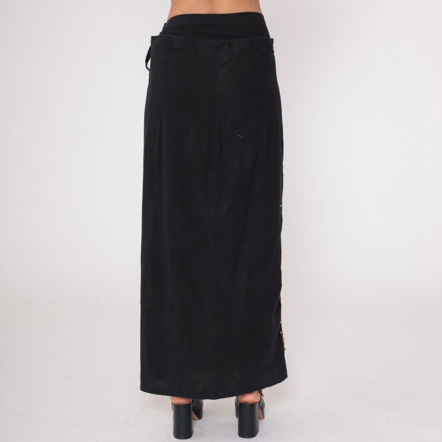 Y2K Black Wrap Skirt Beaded Navy Maxi Sequin Geometric Tribal Cotton Large