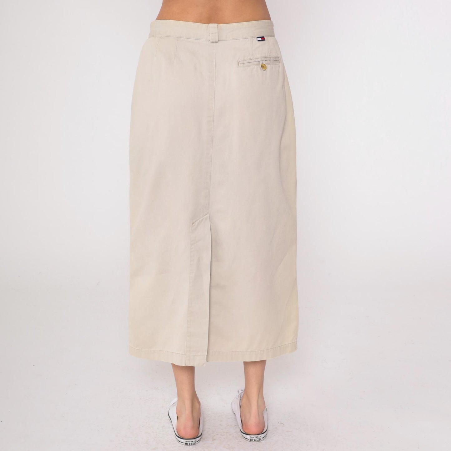 90s Tommy Hilfiger Khaki Skirt Cotton High Waist Button Front Large