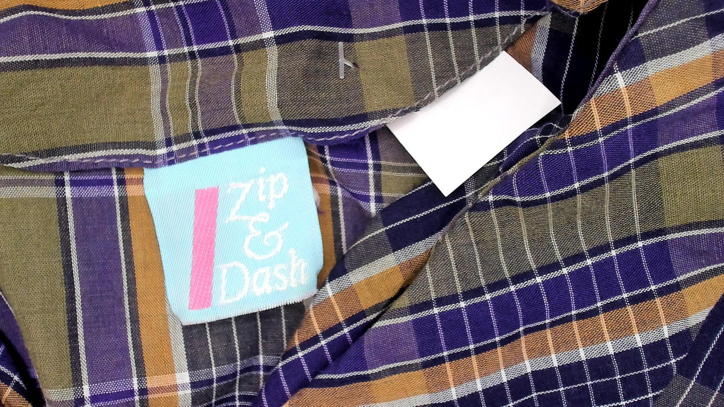80s Zip N Dash Plaid Shift Dress Collared Pockets Navy Olive Extra Large