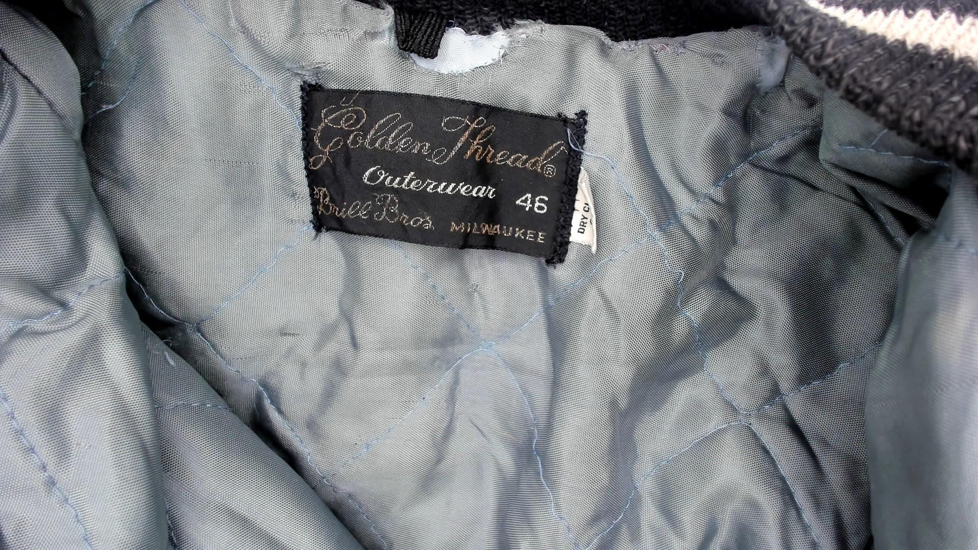 80s Golden Threads Varsity Jacket Wool Leather Black Cream Lumberjack Patches Large