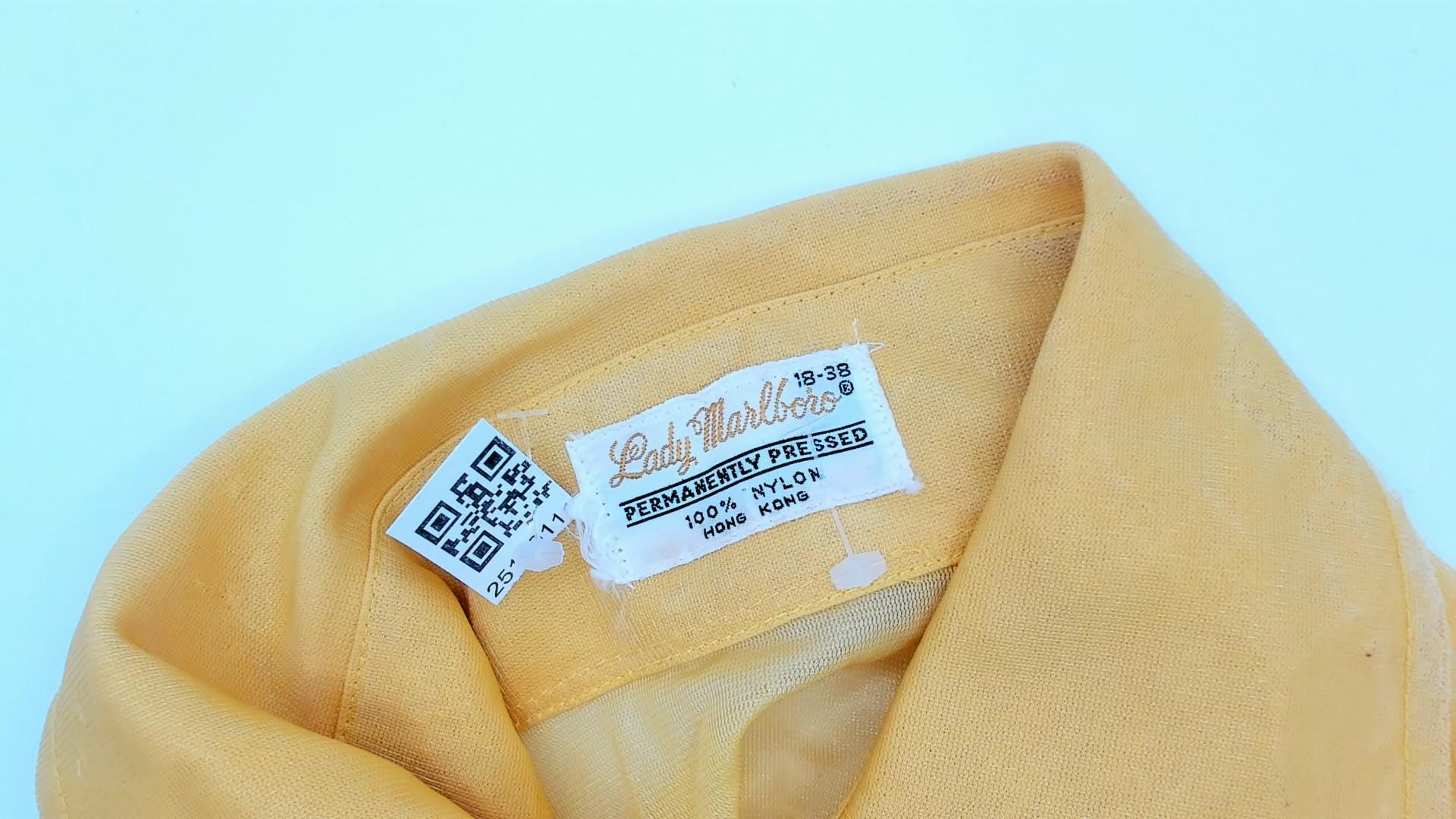 80s Lady Marlboro Yellow Nylon Blouse Button Front Pointed Collar Medium