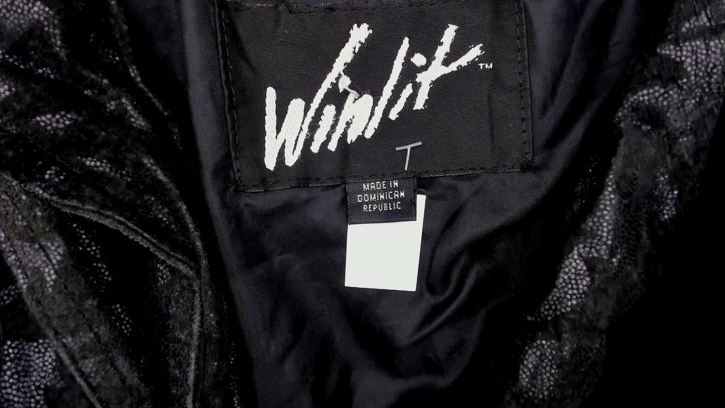 90s Black Leather Bomber Jacket Embossed Shawl Collar Medium M