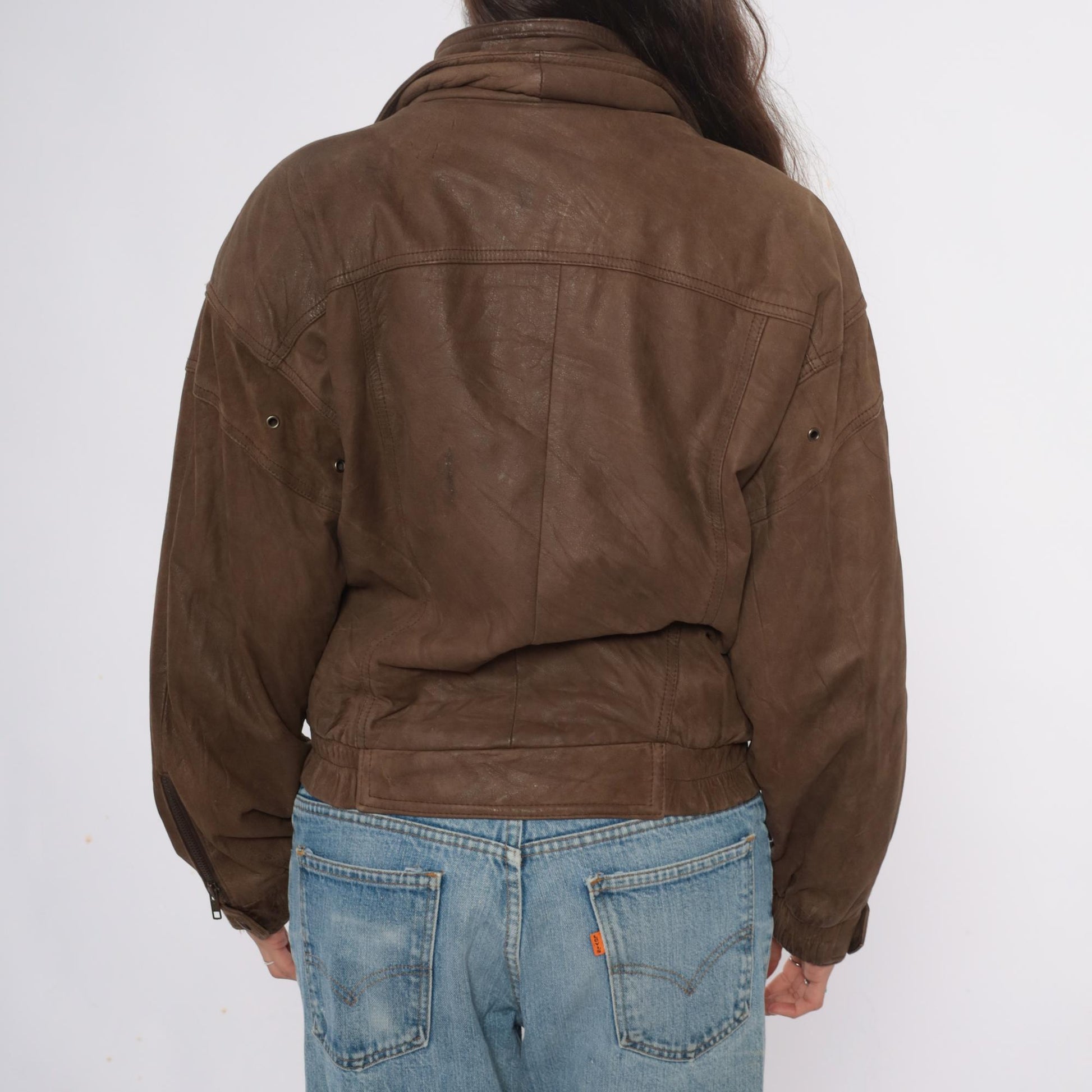 90s Wilsons Leather Brown Bomber Jacket Cropped Moto Zipper Small S