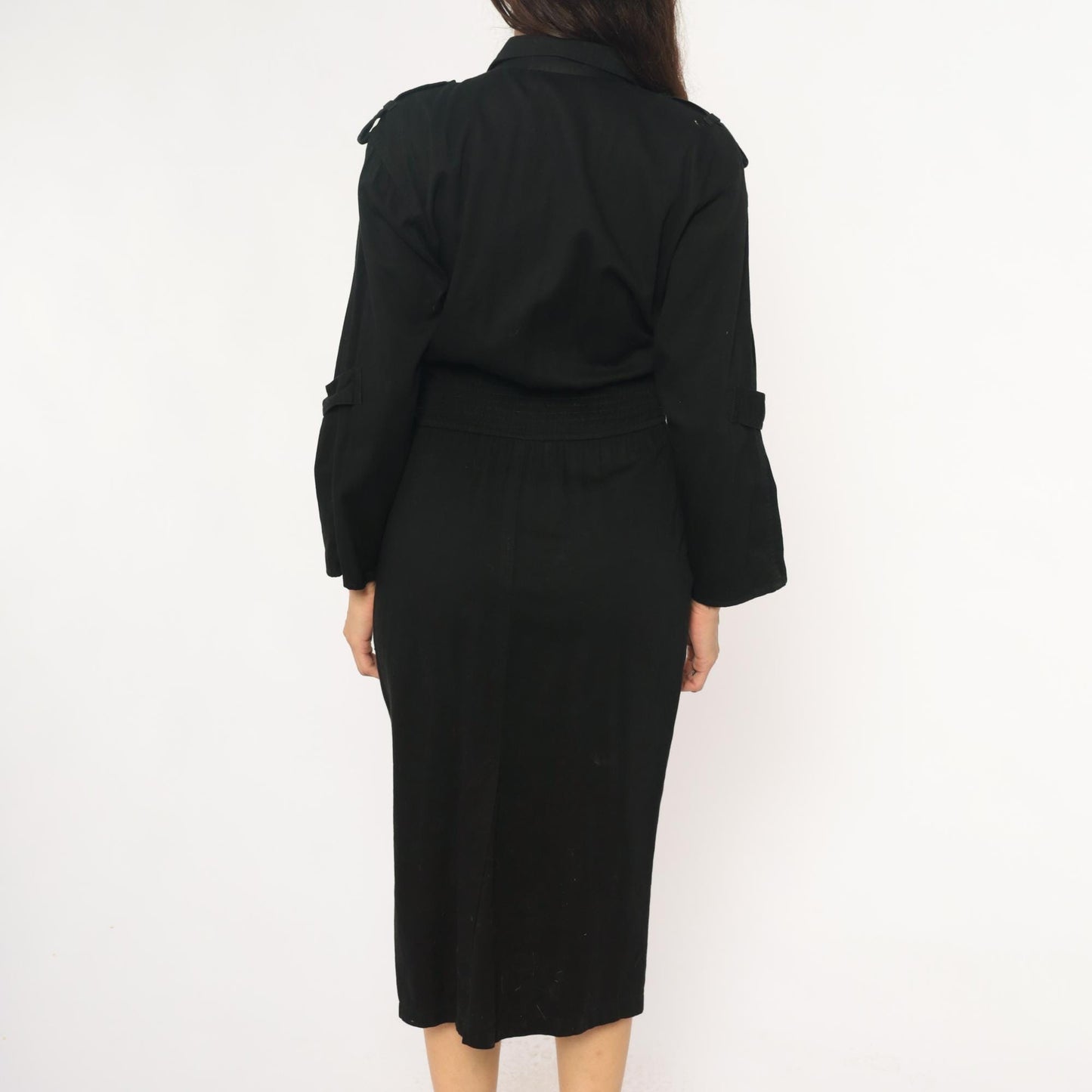 90s D Franke Black Trench Coat Dress Belted Midi Notched Collar Medium