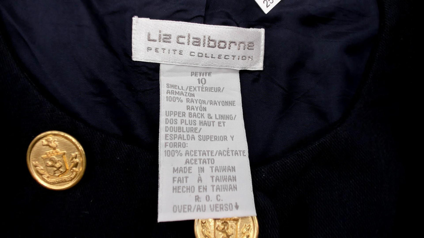 90s Liz Claiborne Navy Nautical Sleeveless Dress Gold Buttons Striped Back Medium