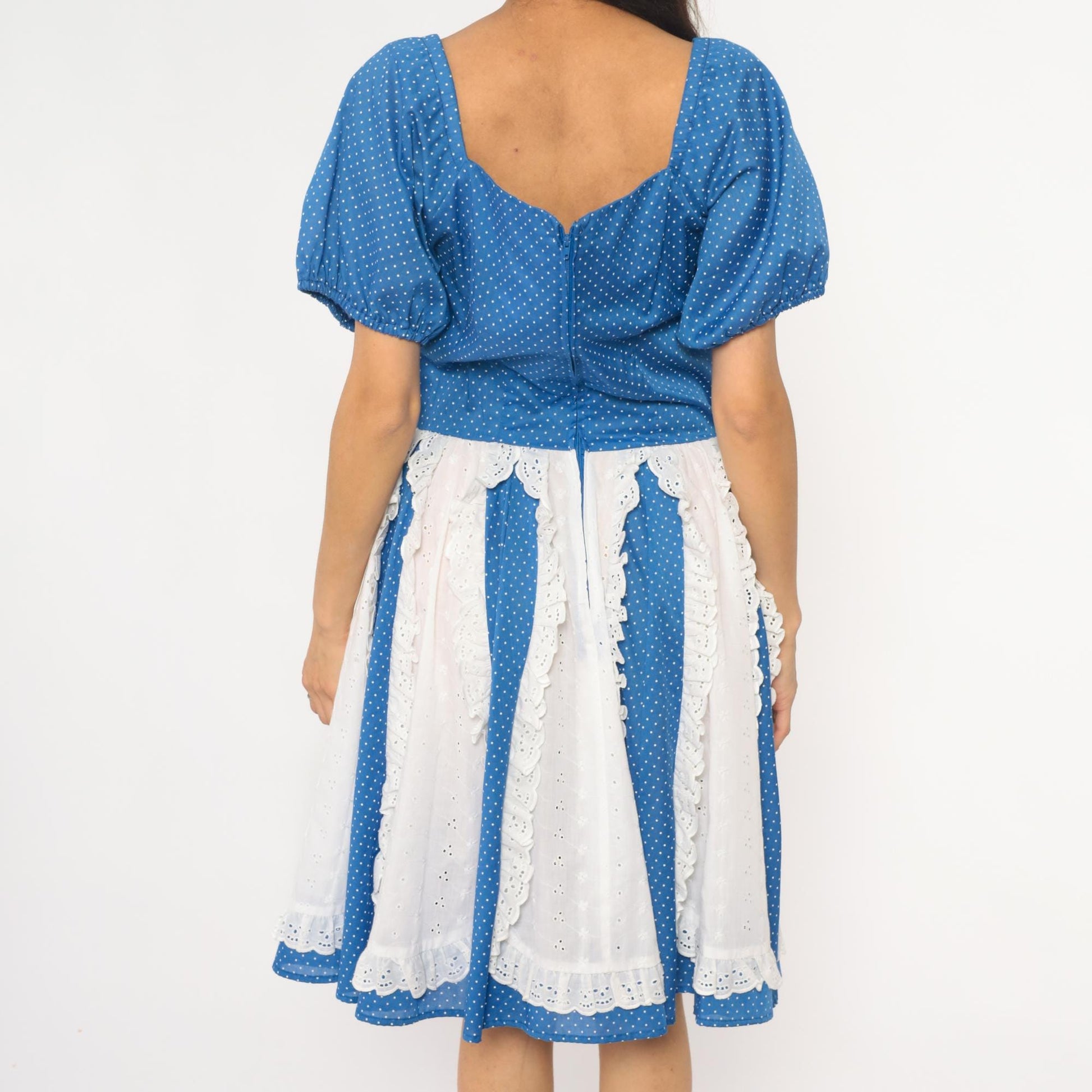 80s Blue Polka Dot Square Dance Dress Puff Sleeve Eyelet Lace Mini Large