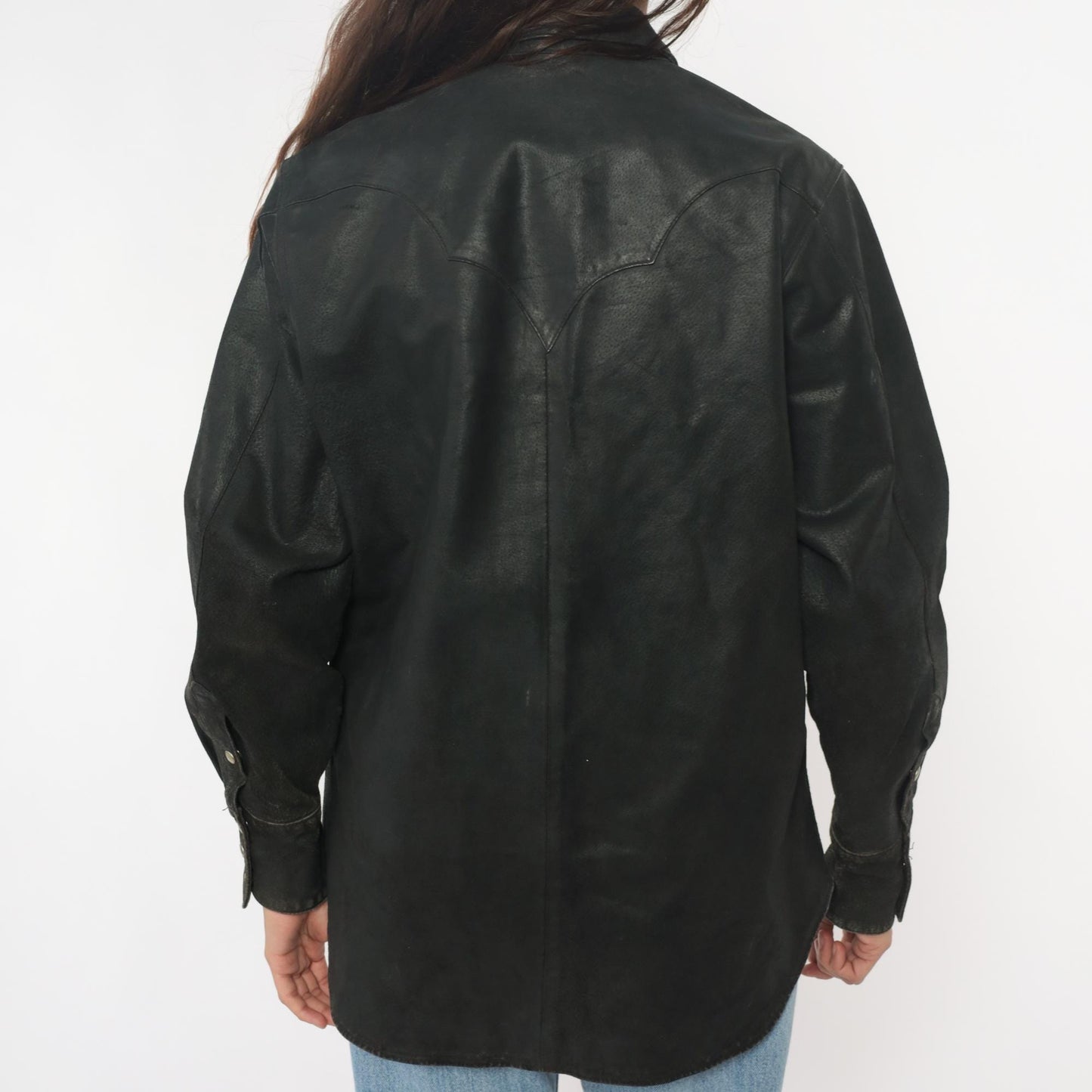 90s Neyries Black Leather Western Shirt Pearl Snap Pointed Yoke Large L